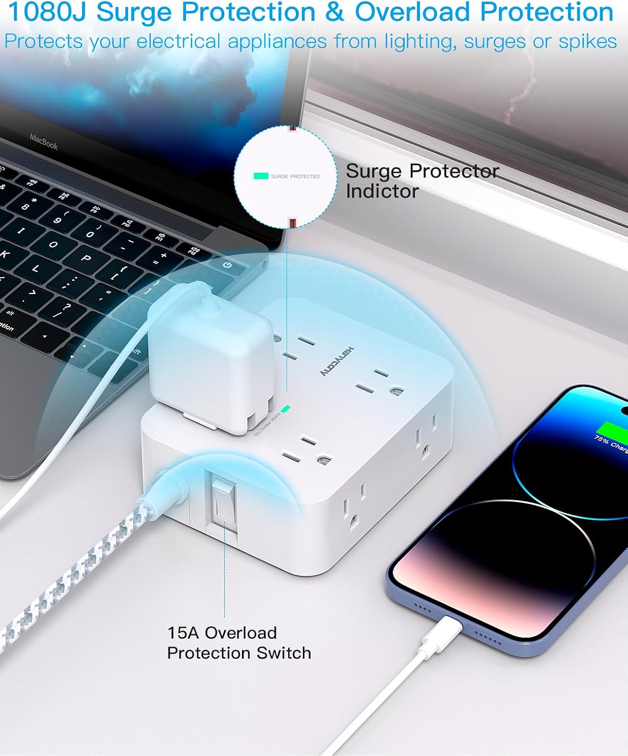REGLETA DE EXTENSIÓN HANYCONY 25 PIES CON PROTECCIÓN DE SOBRETENSIÓN Y PUERTOS USB - 3