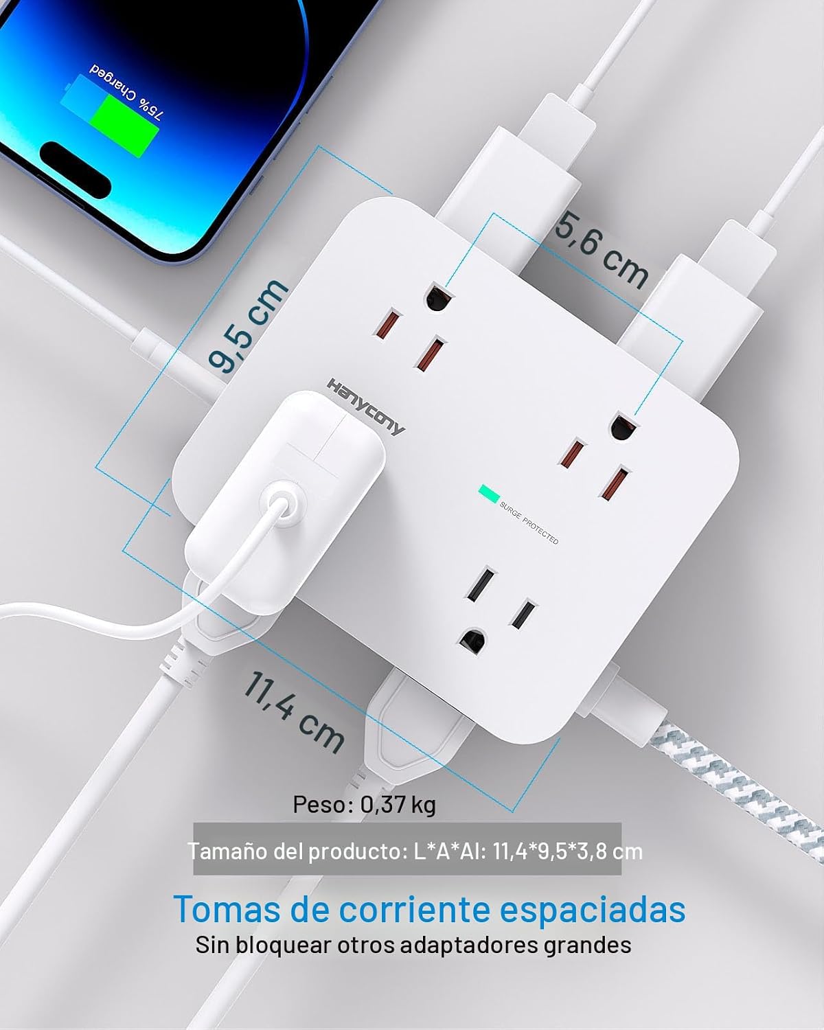 REGLETA DE EXTENSIÓN HANYCONY 25 PIES CON PROTECCIÓN DE SOBRETENSIÓN Y PUERTOS USB - 4