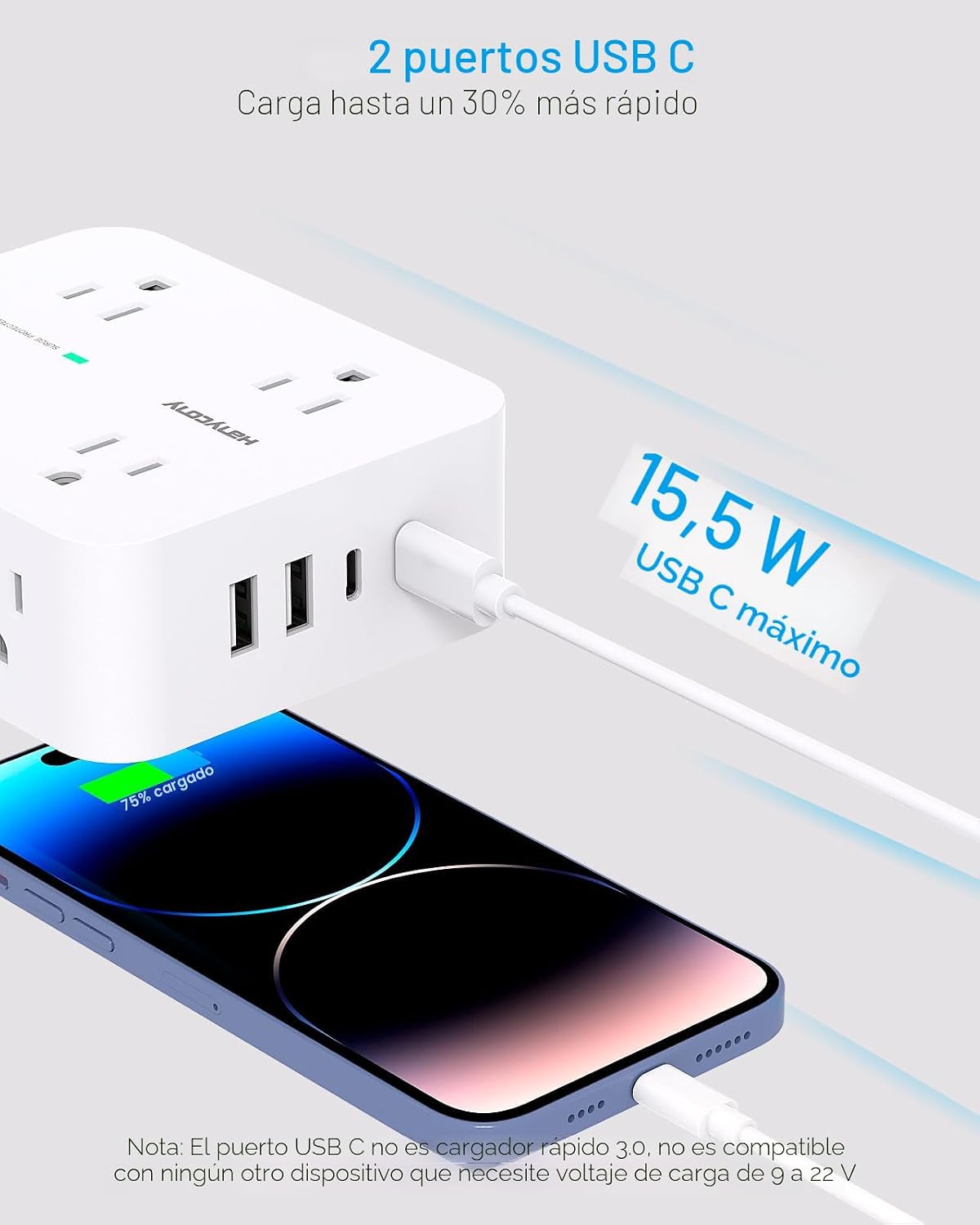 REGLETA DE EXTENSIÓN HANYCONY 25 PIES CON PROTECCIÓN DE SOBRETENSIÓN Y PUERTOS USB - 5