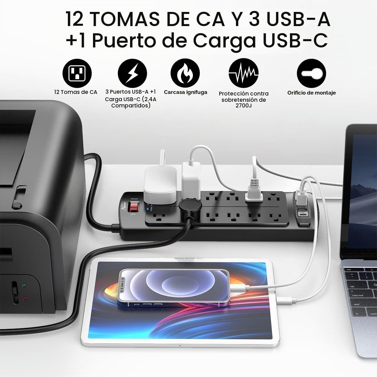 REGLETA ALESTOR 15 PIES CON 12 TOMAS Y 4 PUERTOS USB - 2