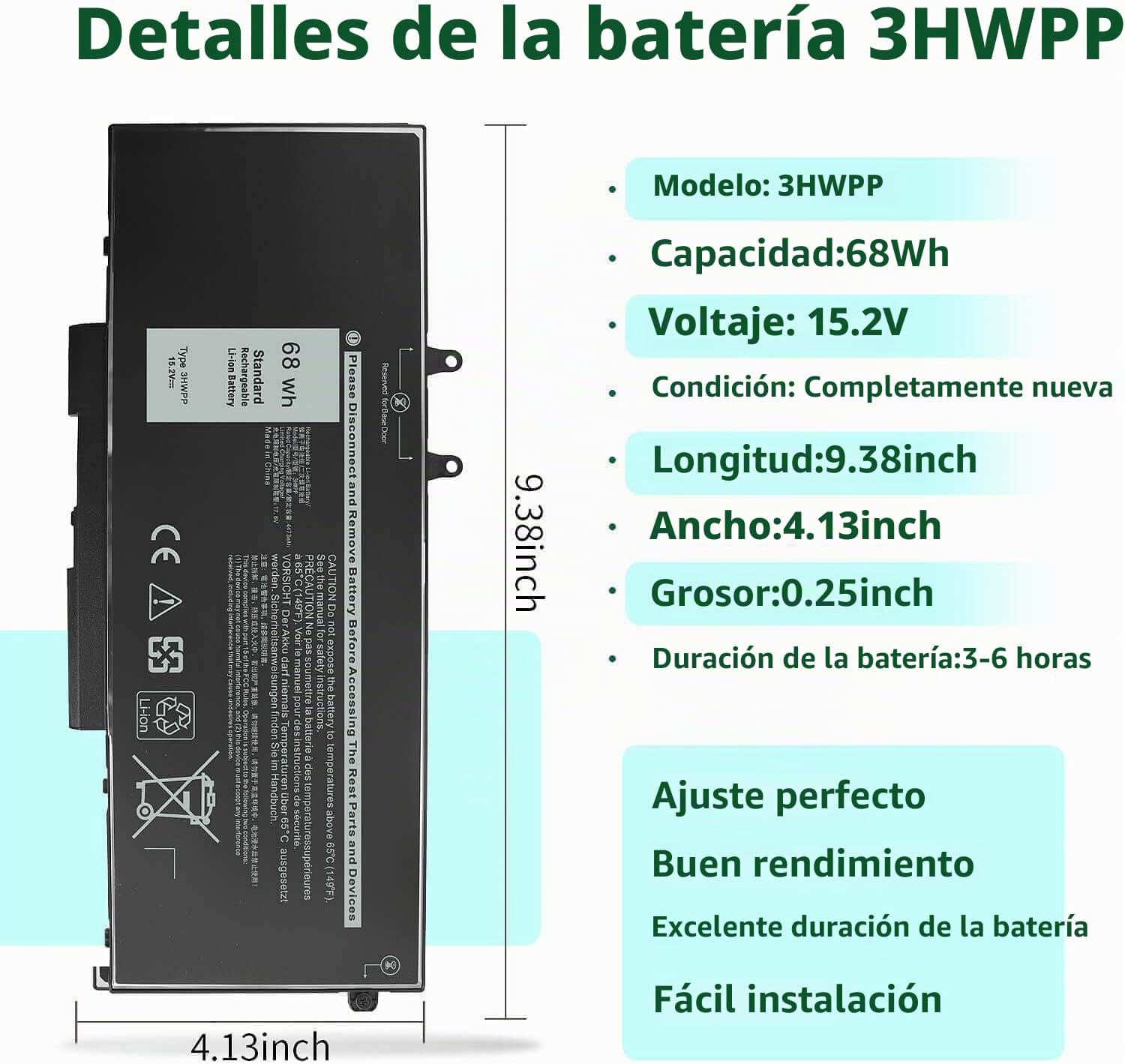 BATERÍA DE REEMPLAZO 68WH 3HWPP PARA DELL LATITUDE 5410 5510 5501 5401 5411 - 2