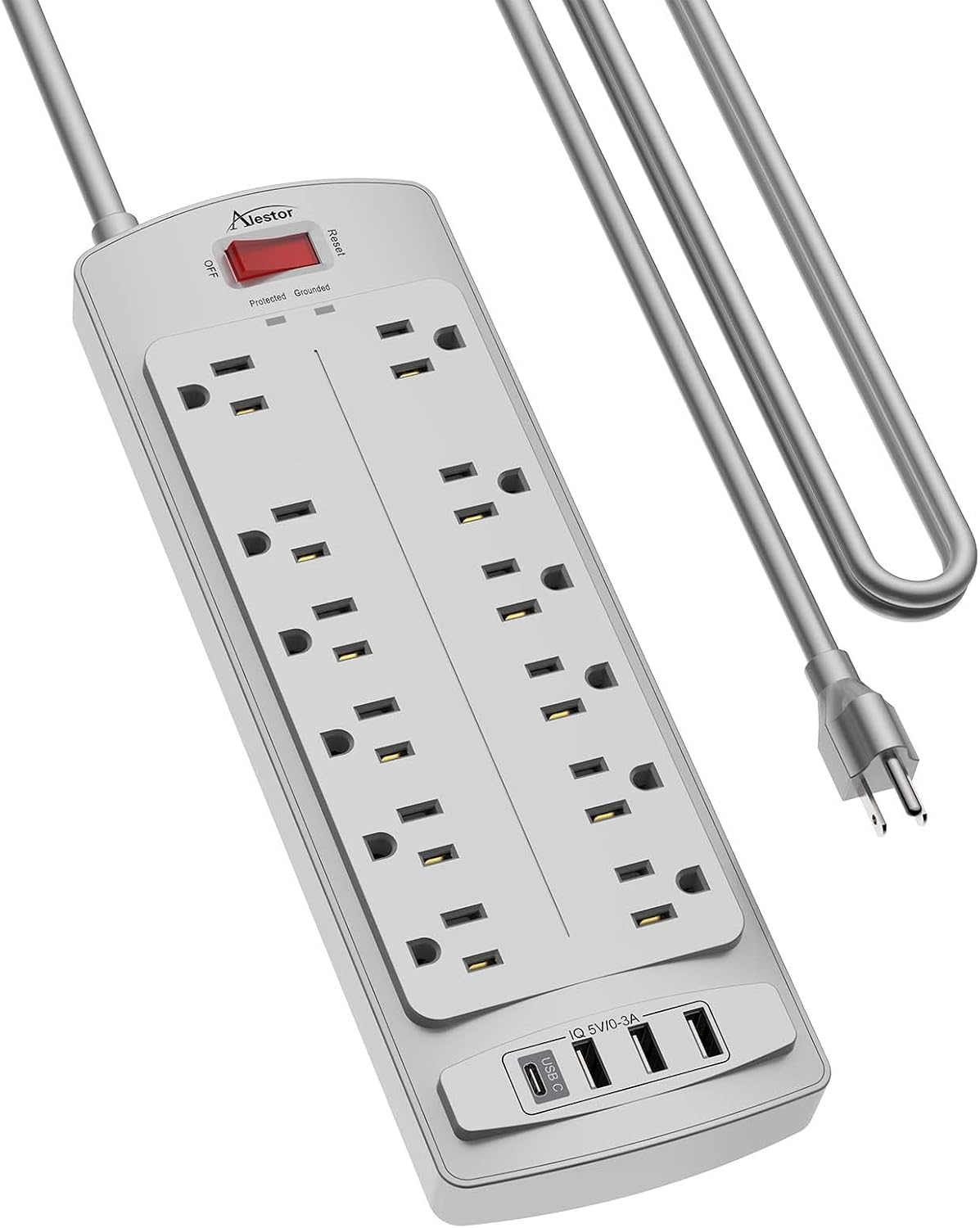 REGLETA ALESTOR CON 12 TOMAS Y 4 PUERTOS USB, CABLE DE 3 METROS, PROTECCIÓN CONTRA SOBRETENSIONES - 1