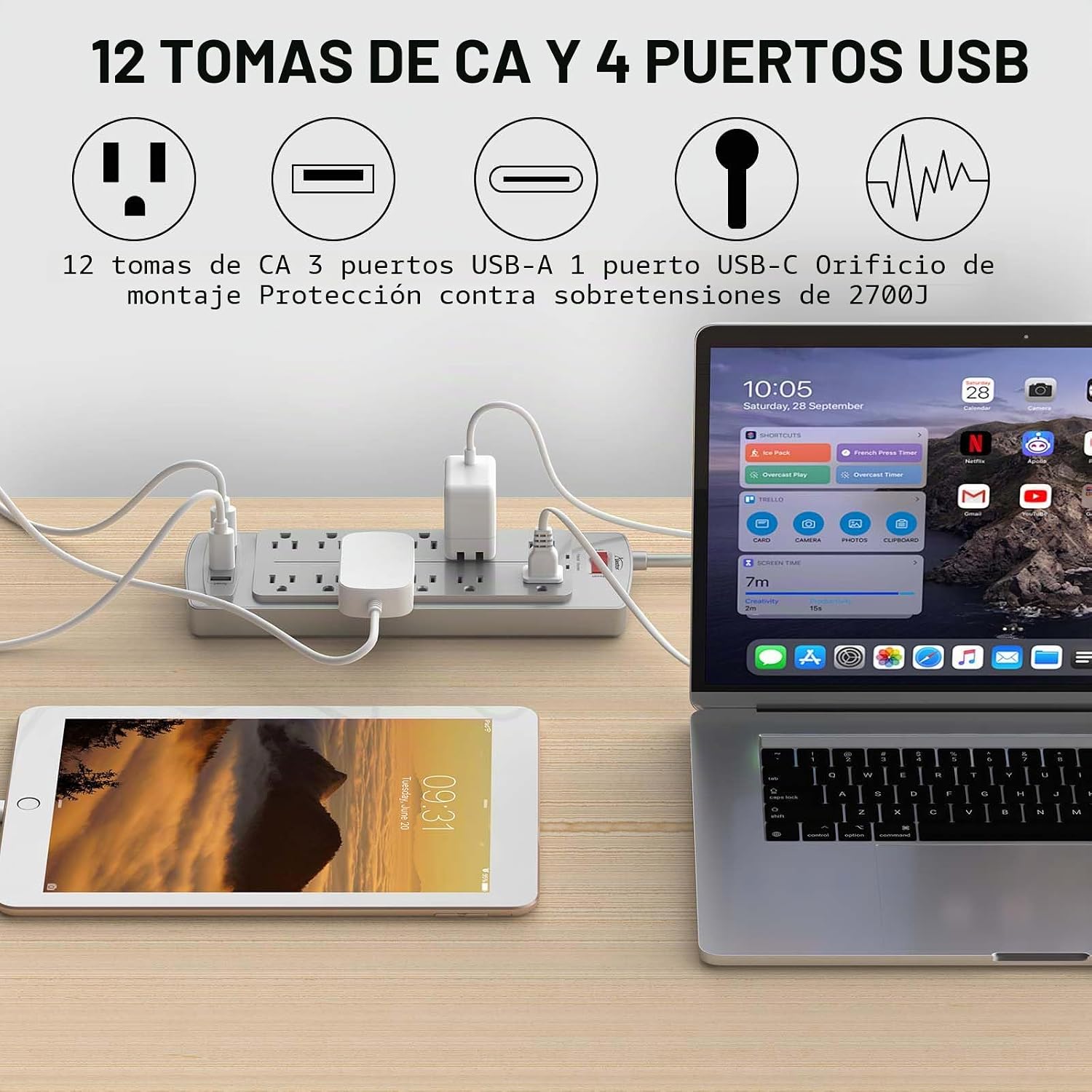 REGLETA ALESTOR CON 12 TOMAS Y 4 PUERTOS USB, CABLE DE 3 METROS, PROTECCIÓN CONTRA SOBRETENSIONES - 2