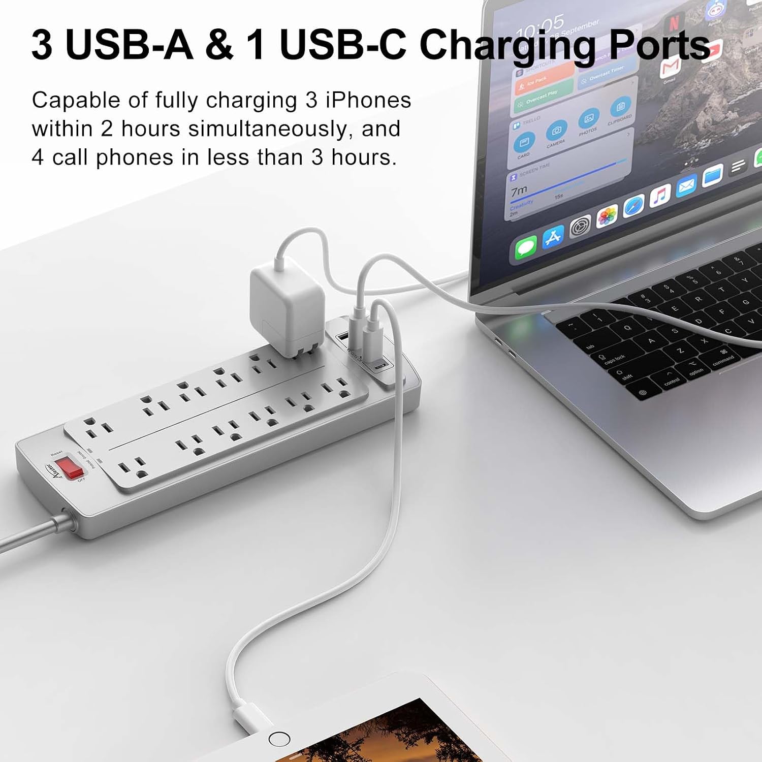 REGLETA ALESTOR CON 12 TOMAS Y 4 PUERTOS USB, CABLE DE 3 METROS, PROTECCIÓN CONTRA SOBRETENSIONES - 3