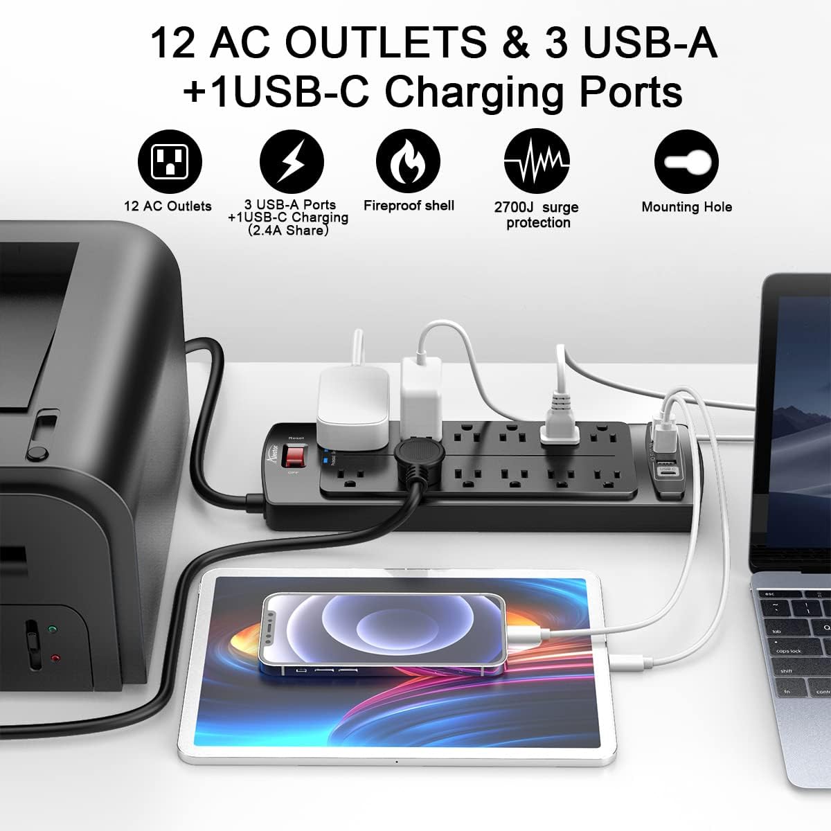 REGLETA ALESTOR 20 PIES CON 12 TOMAS Y 4 PUERTOS USB - 2