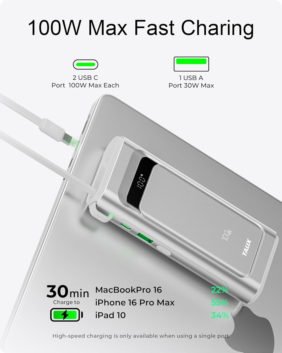 BATERÍA EXTERNA TALIX 10000MAH 100W CON CABLE USB-C INTEGRADO - 2
