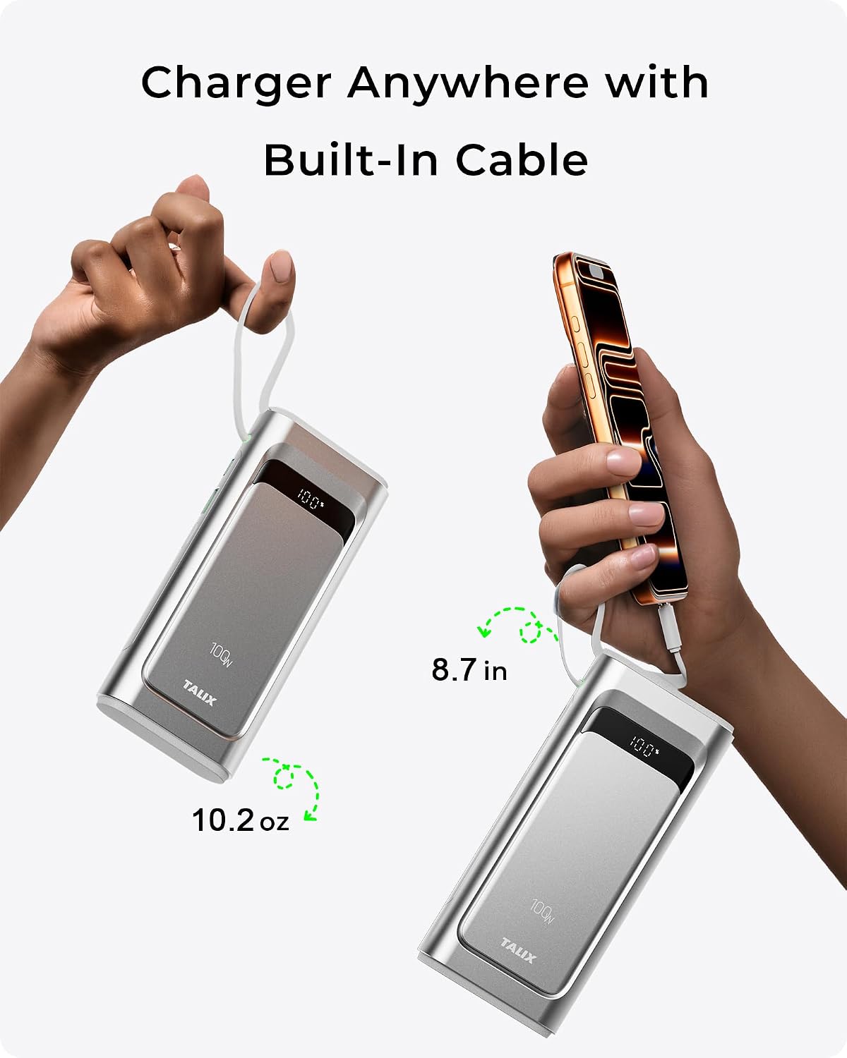 BATERÍA EXTERNA TALIX 10000MAH 100W CON CABLE USB-C INTEGRADO - 5