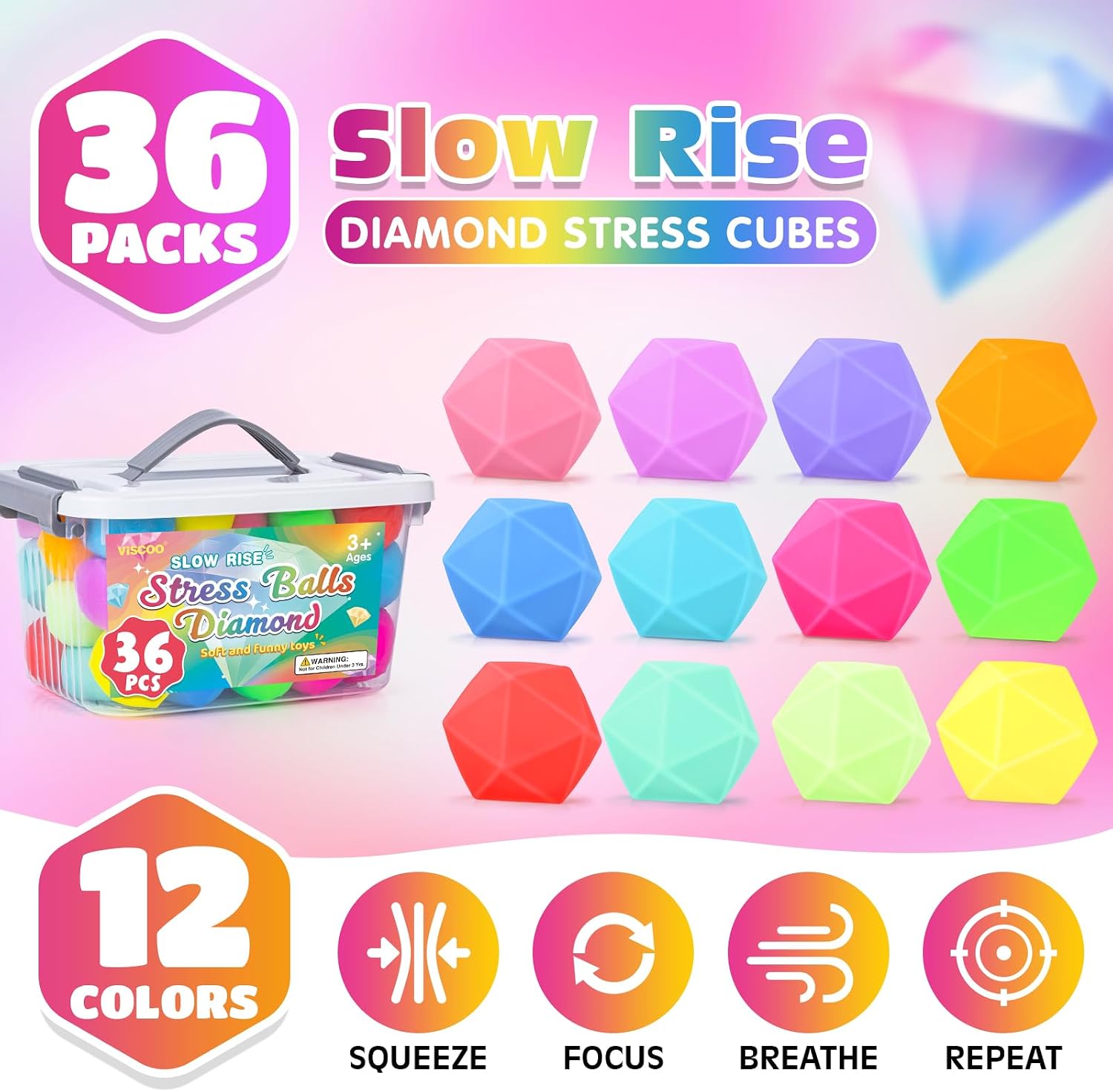 VISCOO SET 36 PELOTAS ANTIESTRES DIAMOND SLOW RISING MULTICOLOR - 4