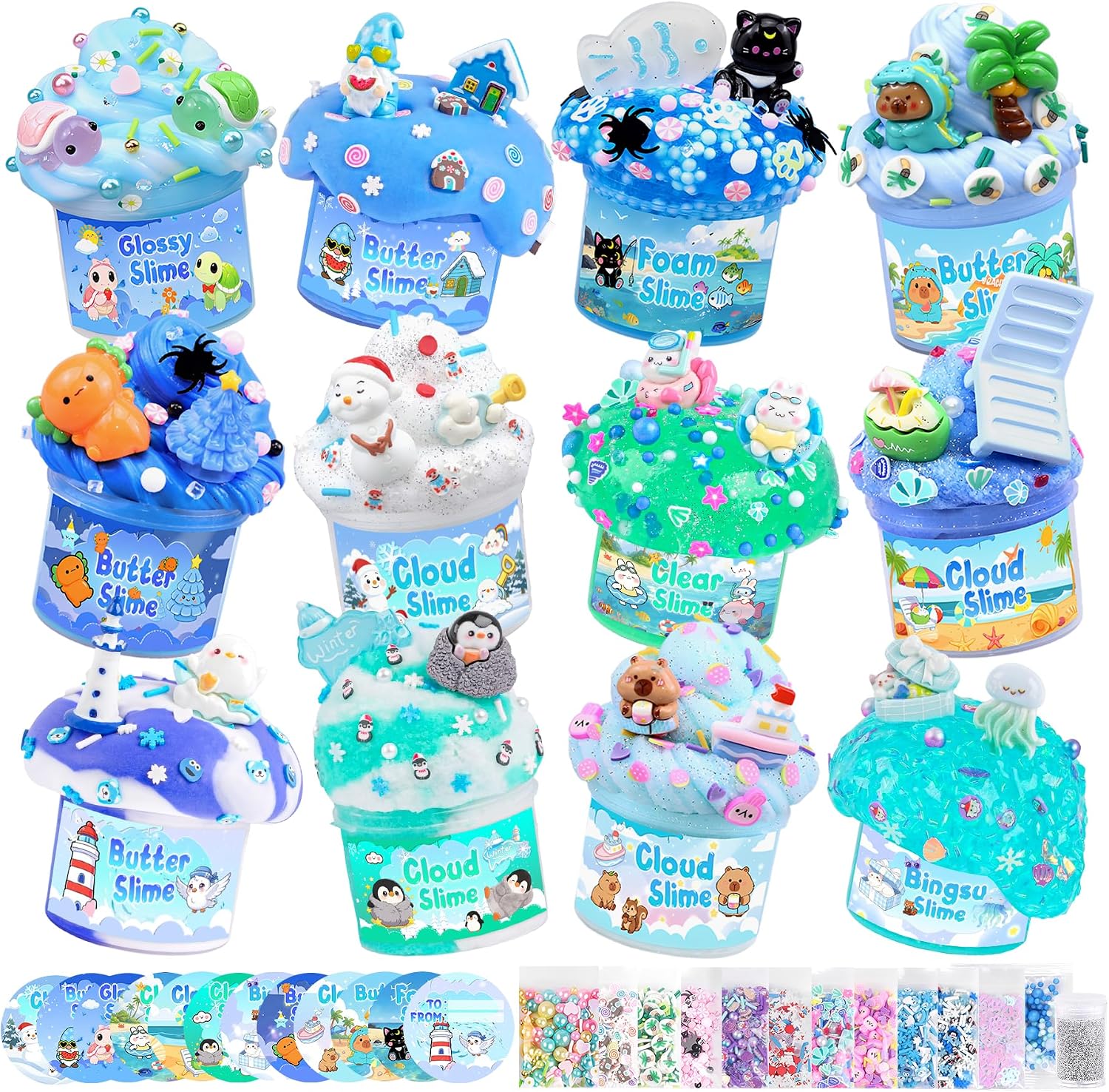 KIT DE SLIME AZUL 12 PIEZAS LAWOHO CON TEXTURAS VARIADAS Y ACCESORIOS - 1
