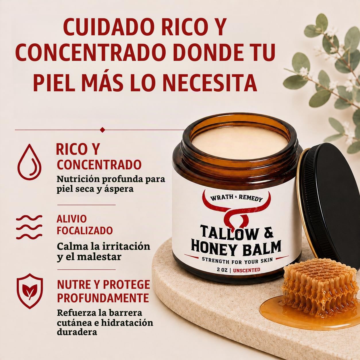 BÁLSAMO CONCENTRADO WRATH Y REMEDY BEEF TALLOW AND HONEY PARA PIEL SECA Y SENSIBLE, 2 OZ, SIN AROMA - 2