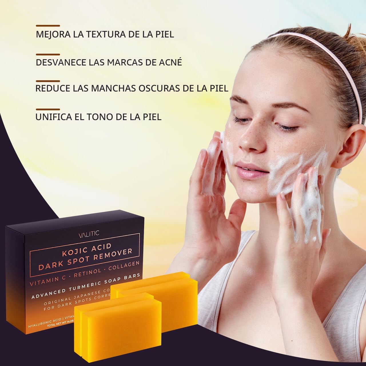 JABÓN EN BARRA VALITIC ÁCIDO KÓJICO Y CÚRCUMA REMOVEDOR DE MANCHAS, PACK 4 UNIDADES - 4