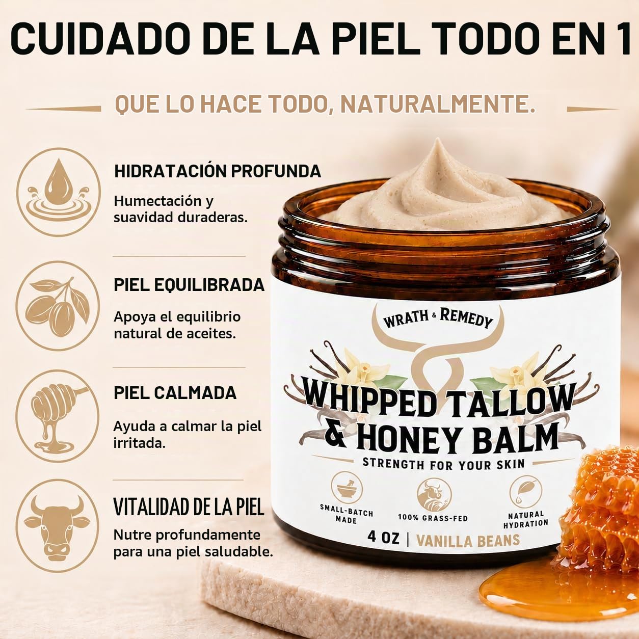 BÁLSAMO CORPORAL WRATH Y REMEDY SEBO DE RES ORGÁNICO VAINILLA 4 OZ - 5