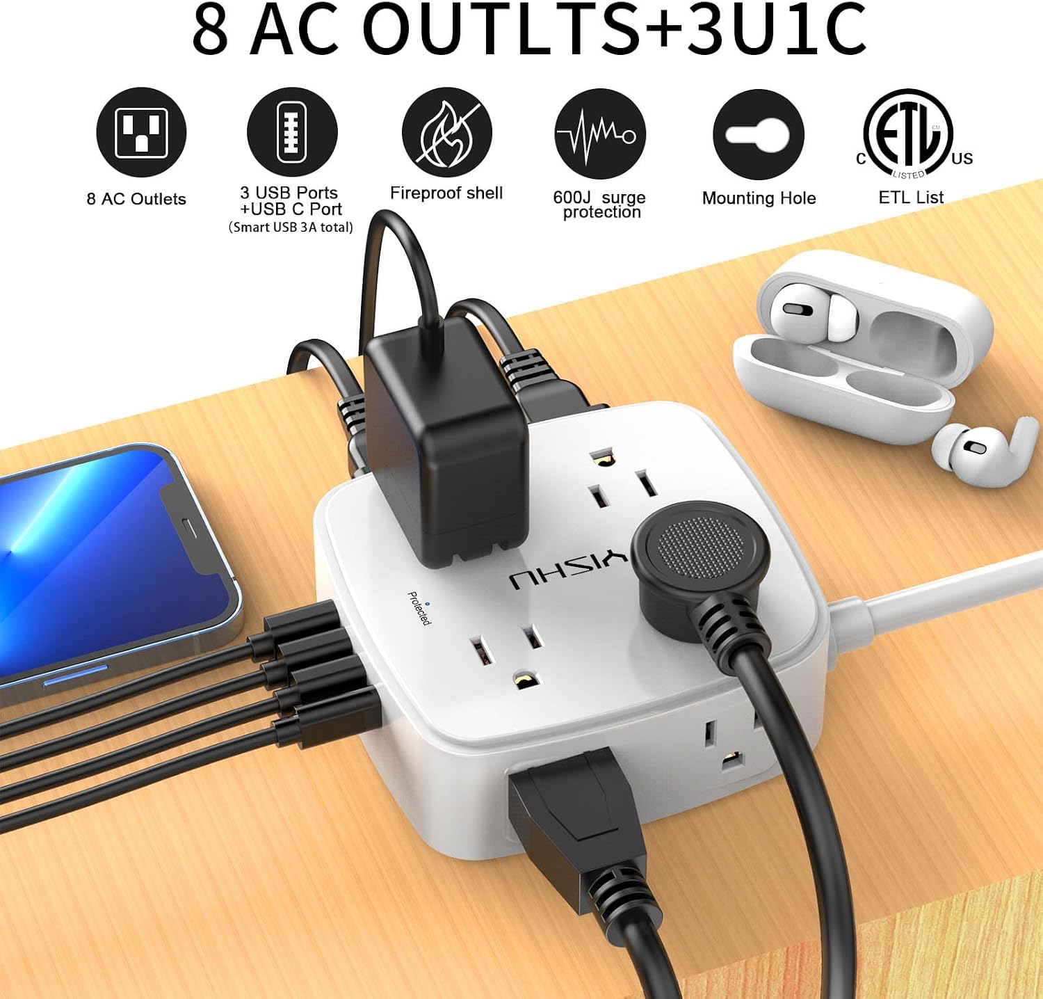 REGLETA DE 8 TOMACORRIENTES CON 4 PUERTOS USB Y CABLE DE 20 PIES YISHU - 2