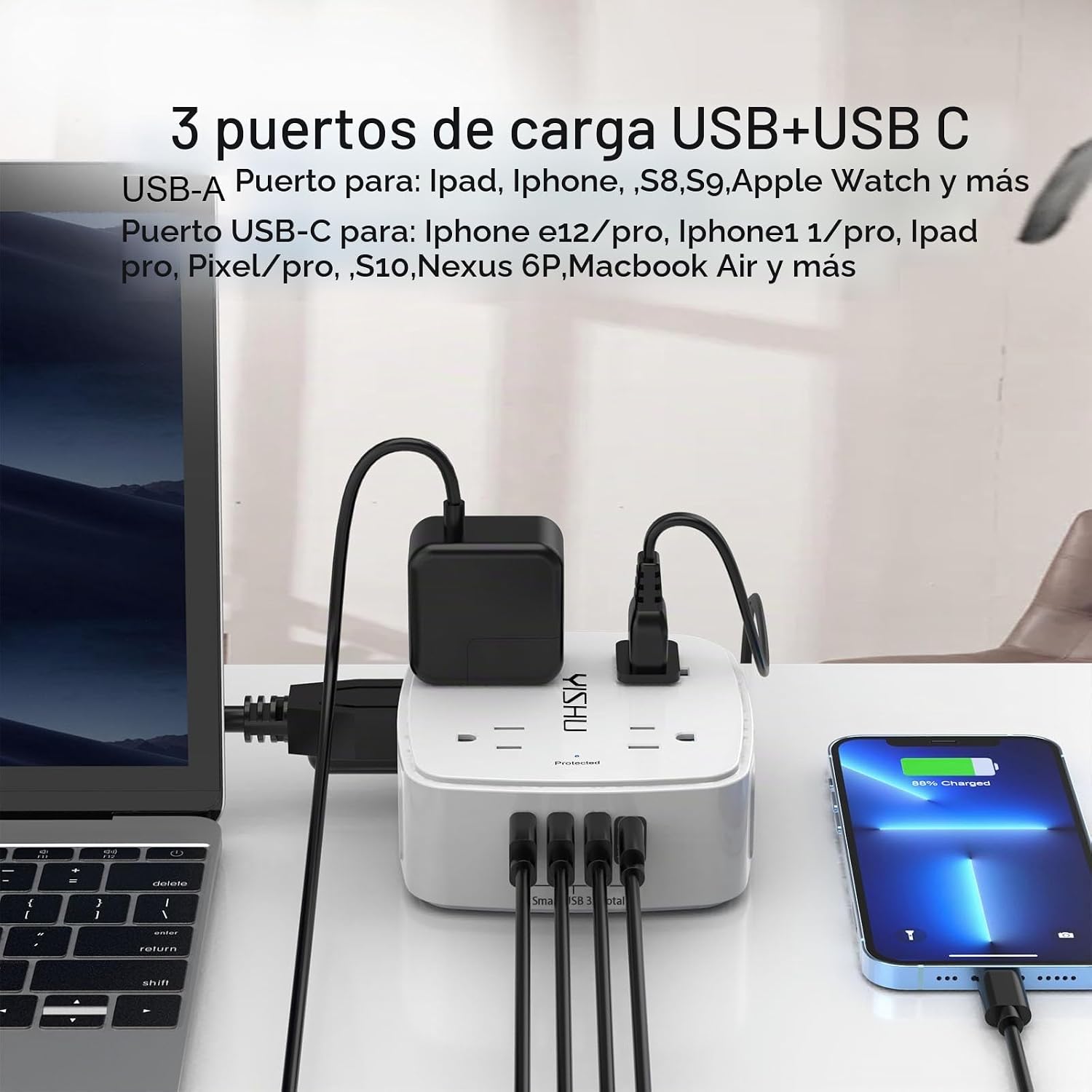 REGLETA DE 8 TOMACORRIENTES CON 4 PUERTOS USB Y CABLE DE 20 PIES YISHU - 3