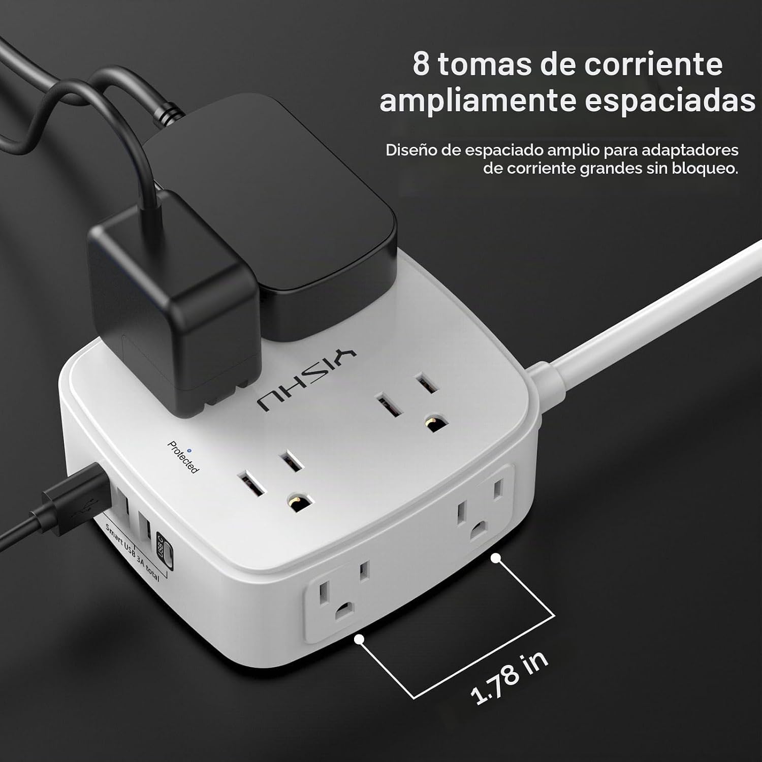 REGLETA DE 8 TOMACORRIENTES CON 4 PUERTOS USB Y CABLE DE 20 PIES YISHU - 5