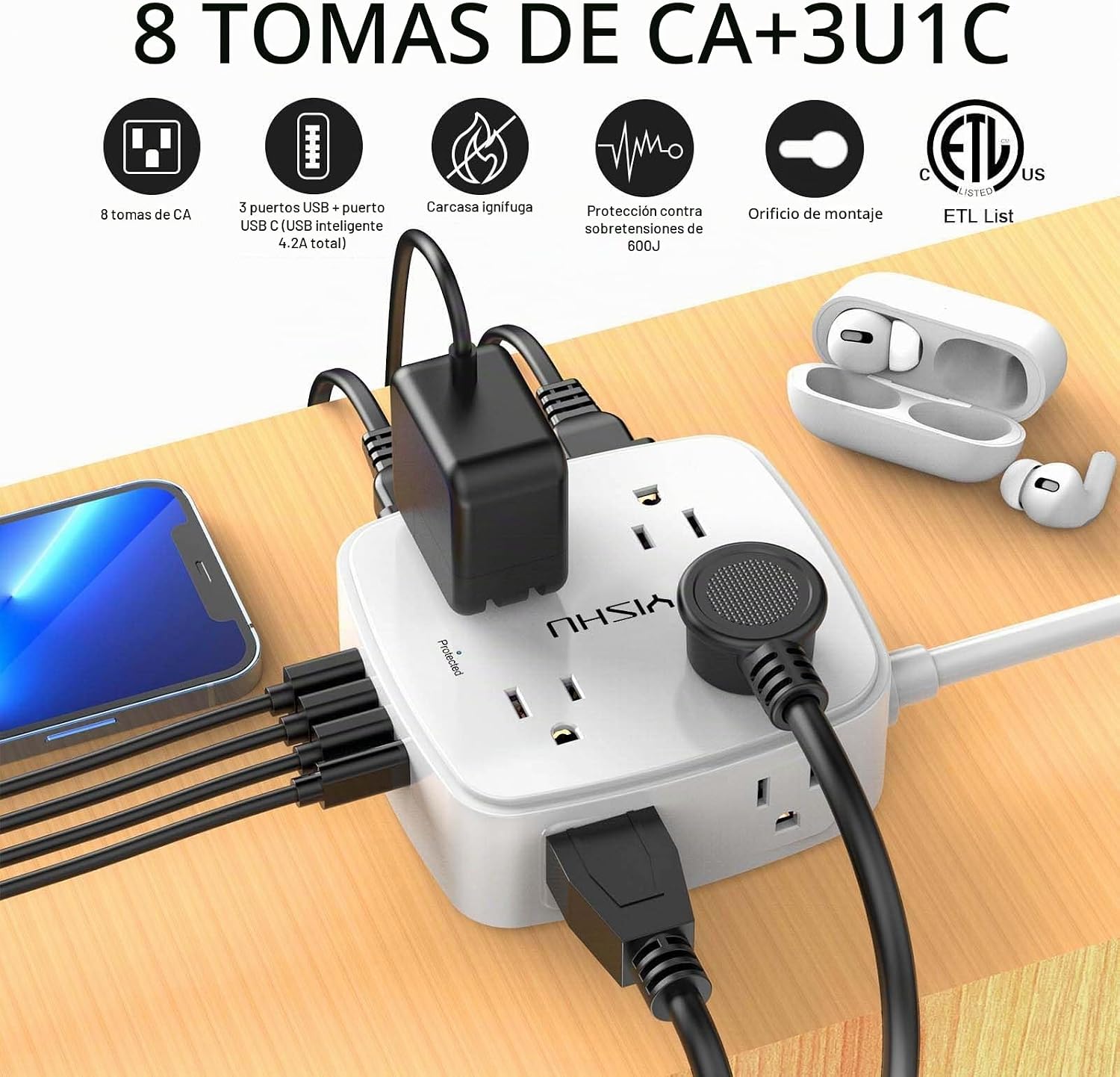 REGLETA DE PROTECCIÓN CONTRA SOBRETENSIONES YISHU 8 TOMAS Y 4 PUERTOS USB CON CABLE DE 15 PIES - 2