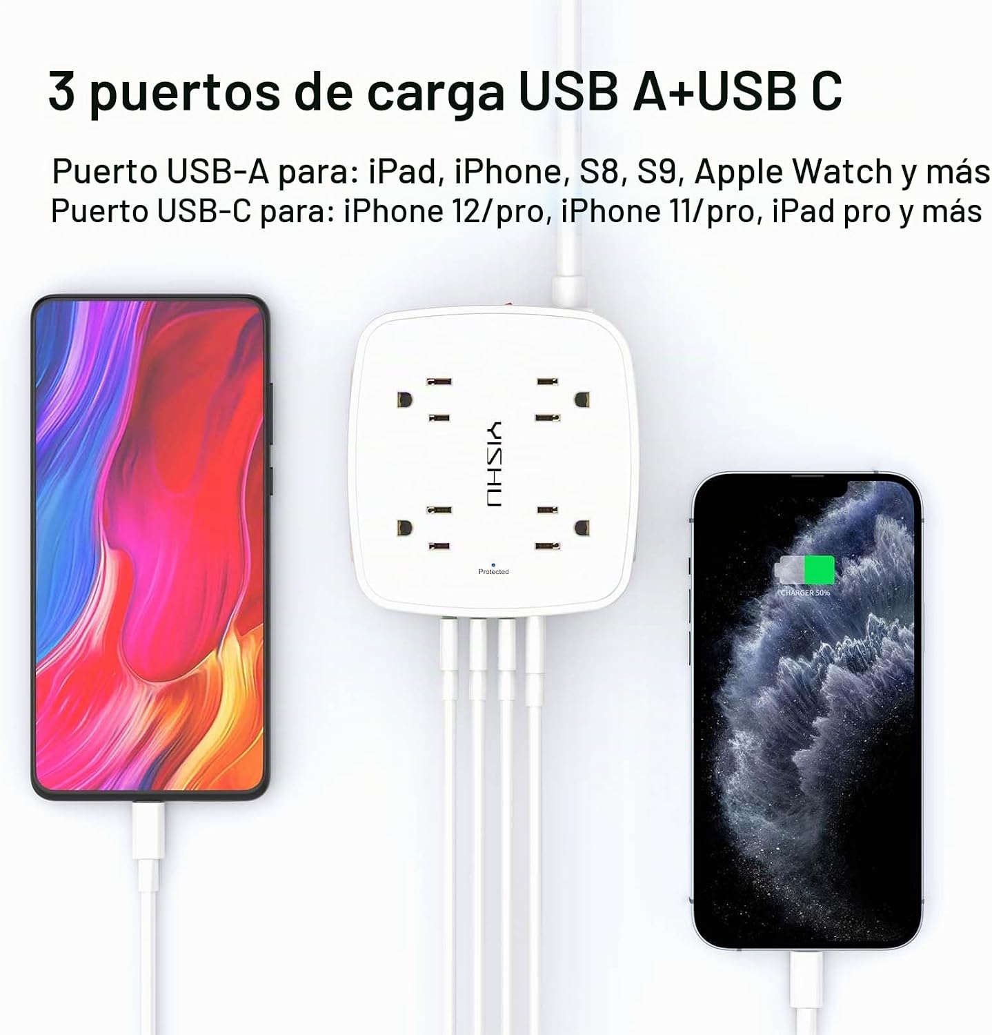 REGLETA DE PROTECCIÓN CONTRA SOBRETENSIONES YISHU 8 TOMAS Y 4 PUERTOS USB CON CABLE DE 15 PIES - 3