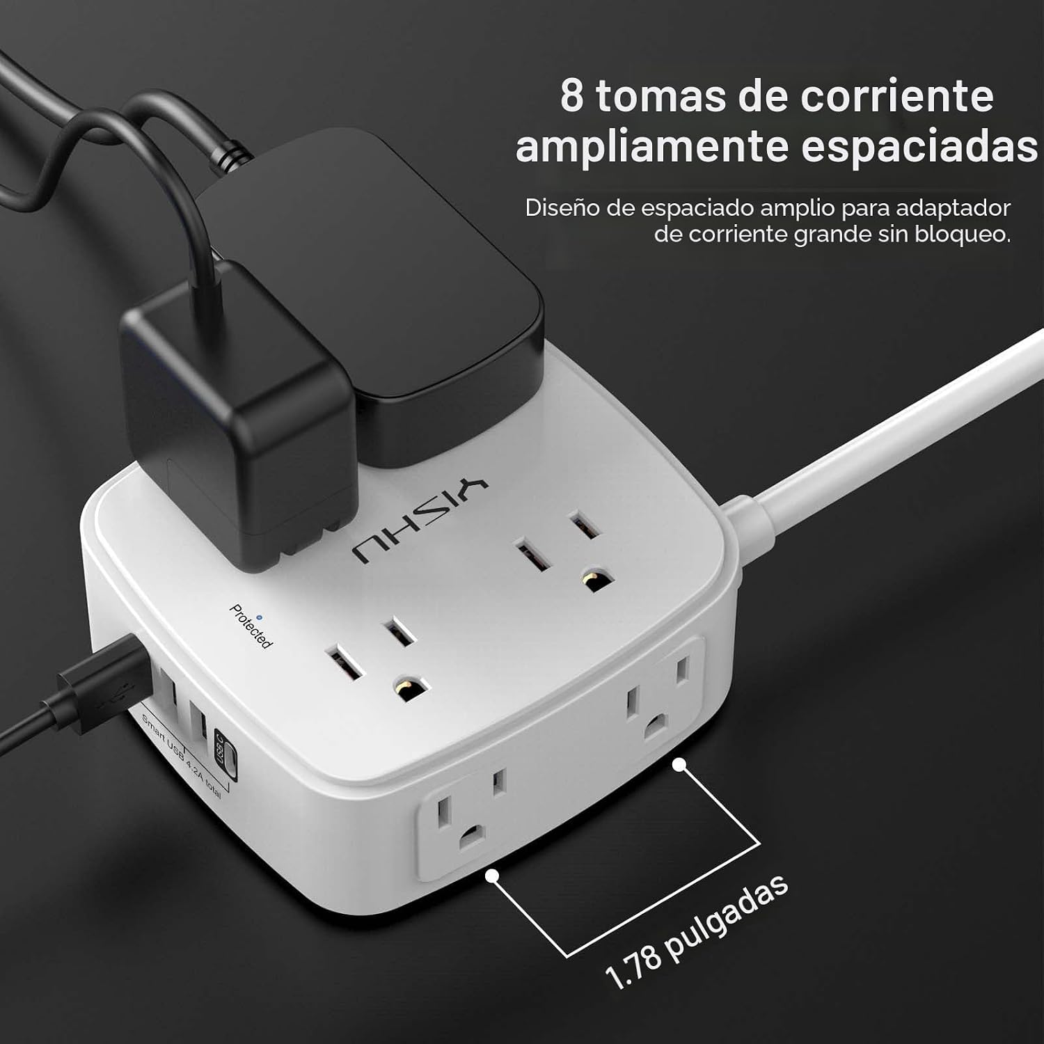 REGLETA DE PROTECCIÓN CONTRA SOBRETENSIONES YISHU 8 TOMAS Y 4 PUERTOS USB CON CABLE DE 15 PIES - 5
