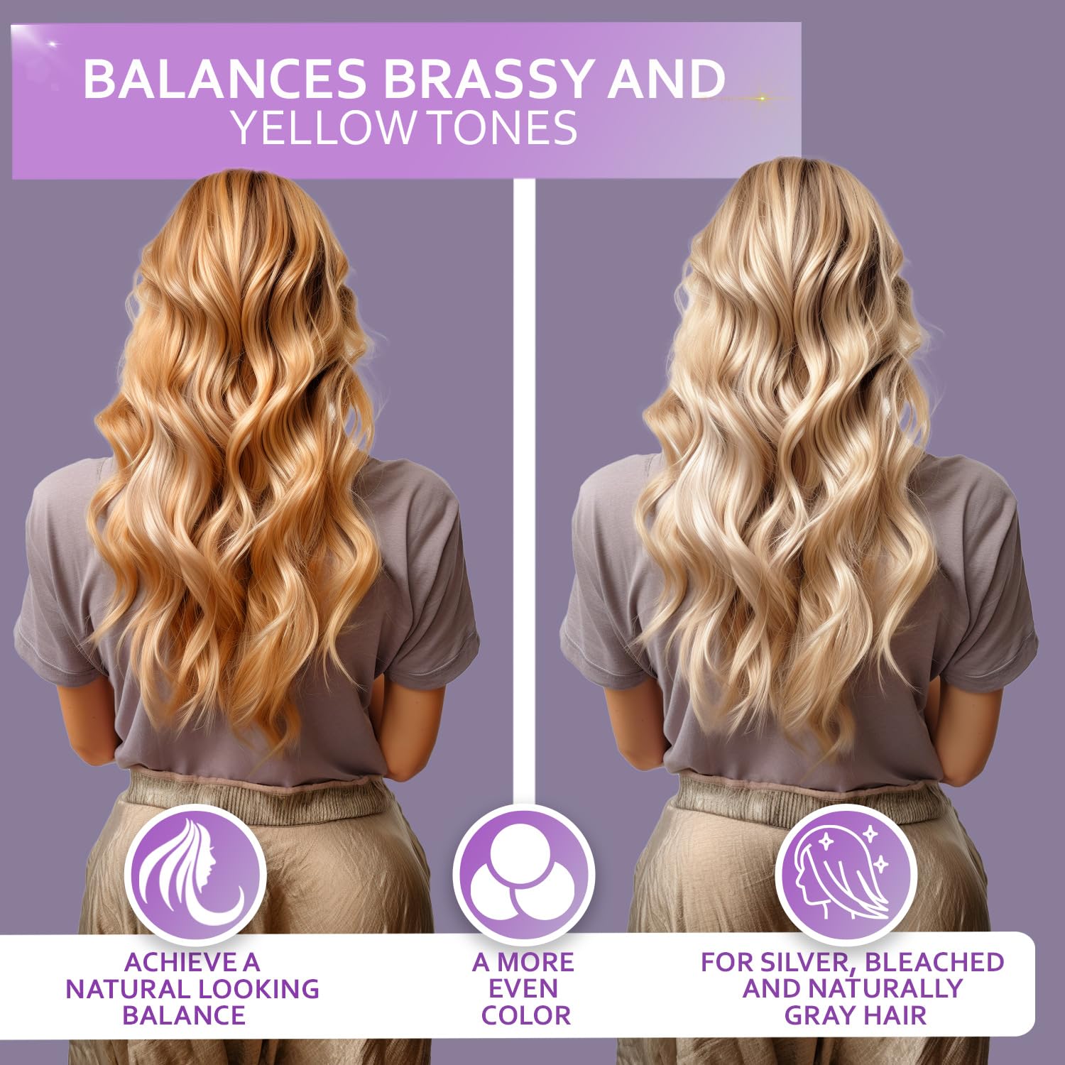 SET DE SHAMPOO Y ACONDICIONADOR TONIFICANTE PURPLE PARA CABELLO RUBIO PLATINADO Y GRIS - 2