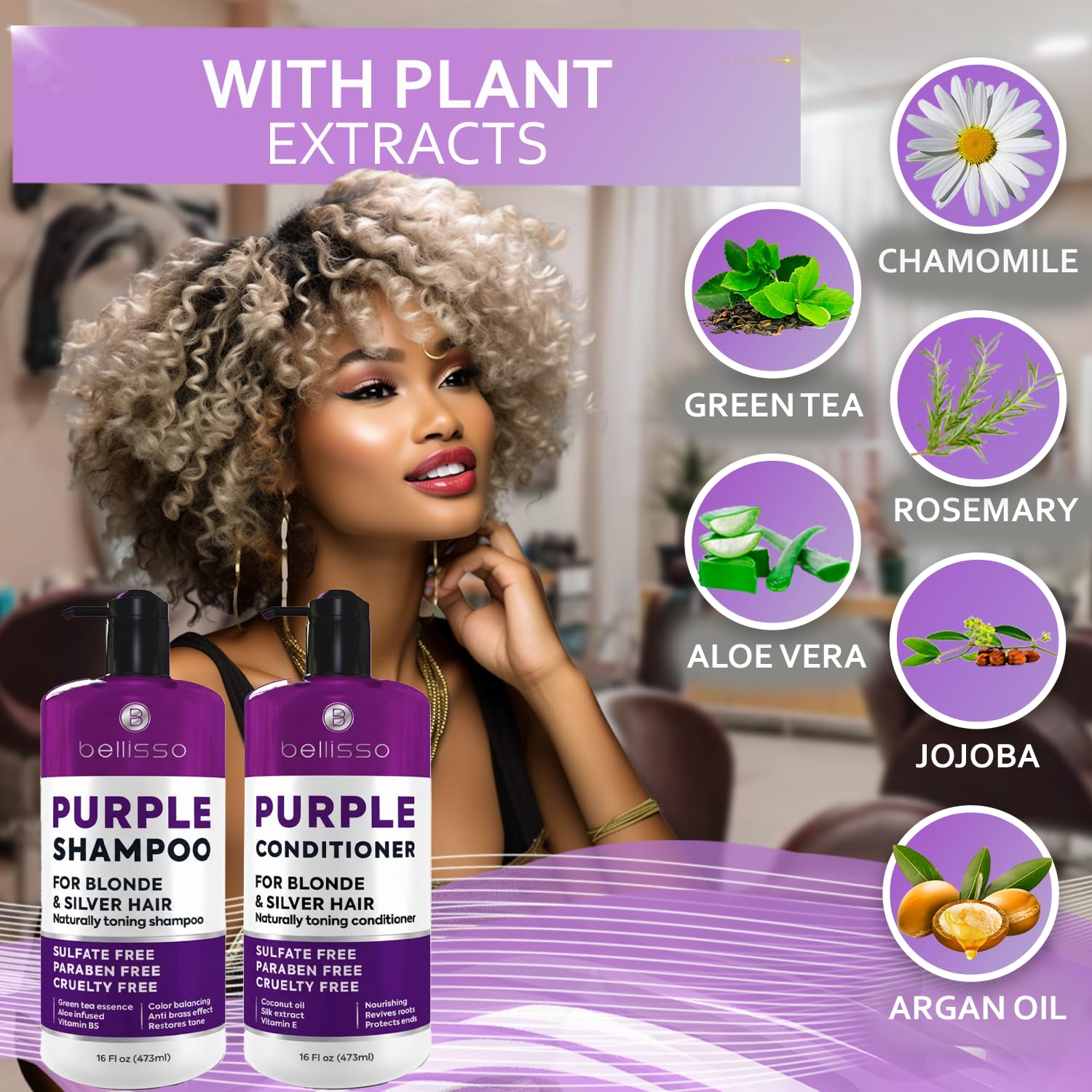 SET DE SHAMPOO Y ACONDICIONADOR TONIFICANTE PURPLE PARA CABELLO RUBIO PLATINADO Y GRIS - 3