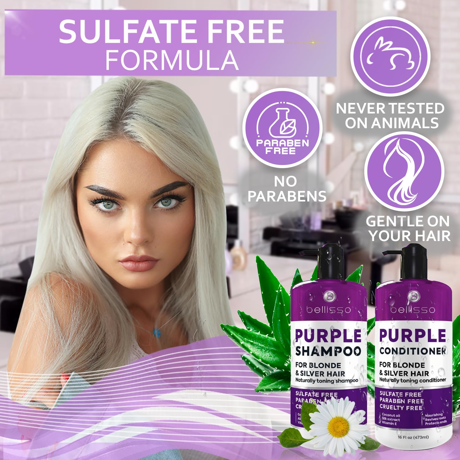 SET DE SHAMPOO Y ACONDICIONADOR TONIFICANTE PURPLE PARA CABELLO RUBIO PLATINADO Y GRIS - 4
