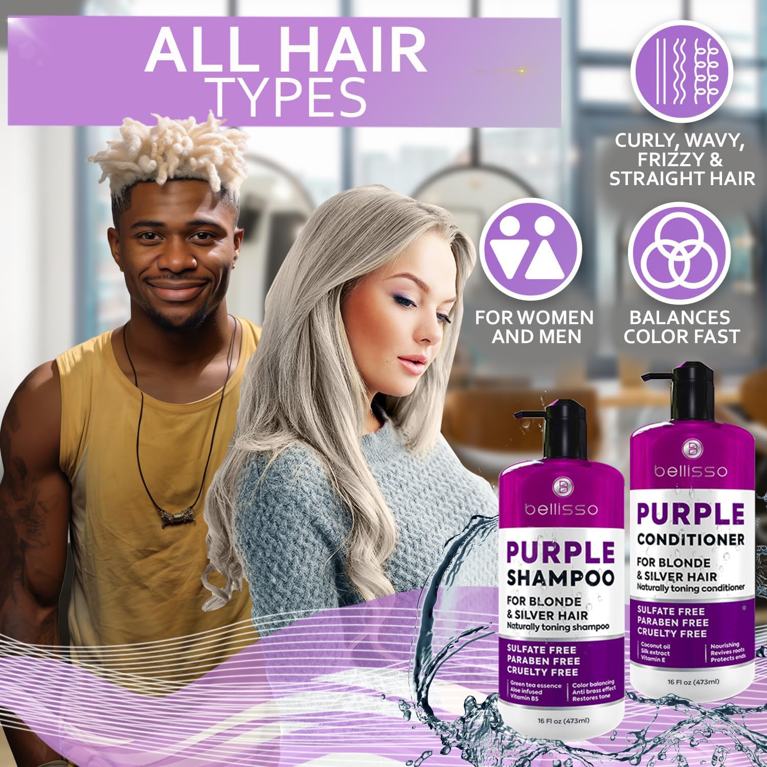 SET DE SHAMPOO Y ACONDICIONADOR TONIFICANTE PURPLE PARA CABELLO RUBIO PLATINADO Y GRIS - 5