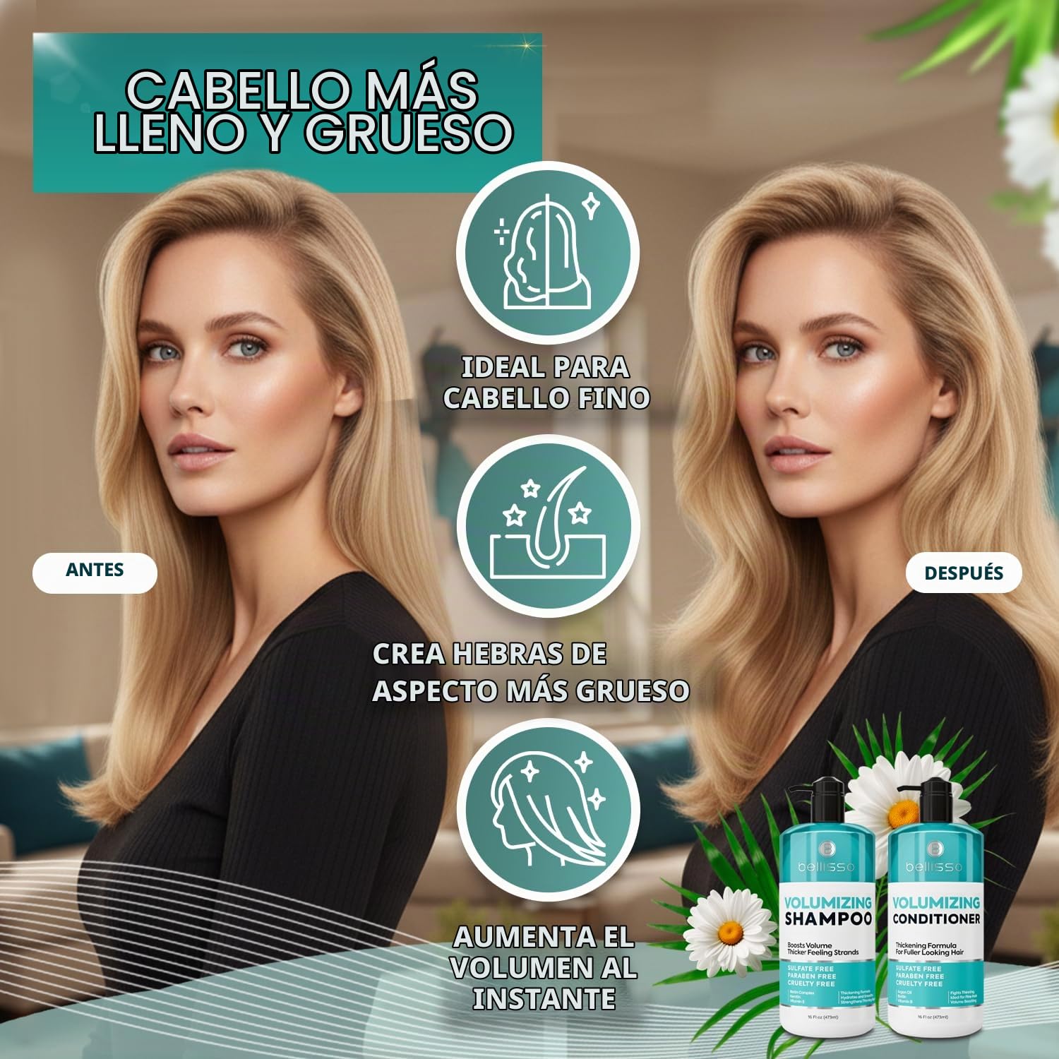 SET DE CHAMPÚ Y ACONDICIONADOR VOLUMINIZADOR BELLISSO SIN SULFATOS PARA CABELLO FINO 16 FL OZ - 2