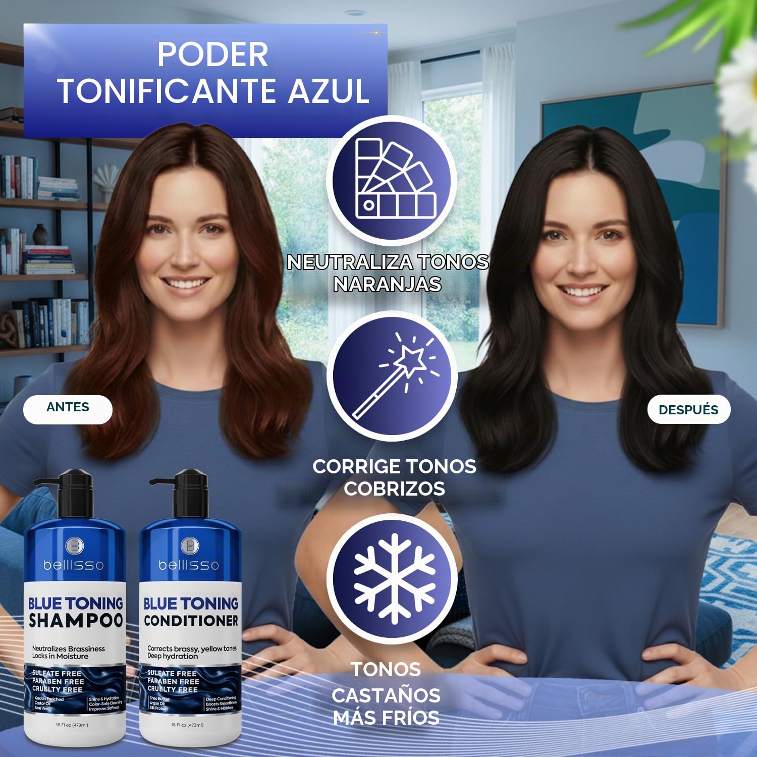 SET DE SHAMPOO Y ACONDICIONADOR AZUL BELLISSO NEUTRALIZADOR DE TONOS NARANJAS 16 FL OZ - 2