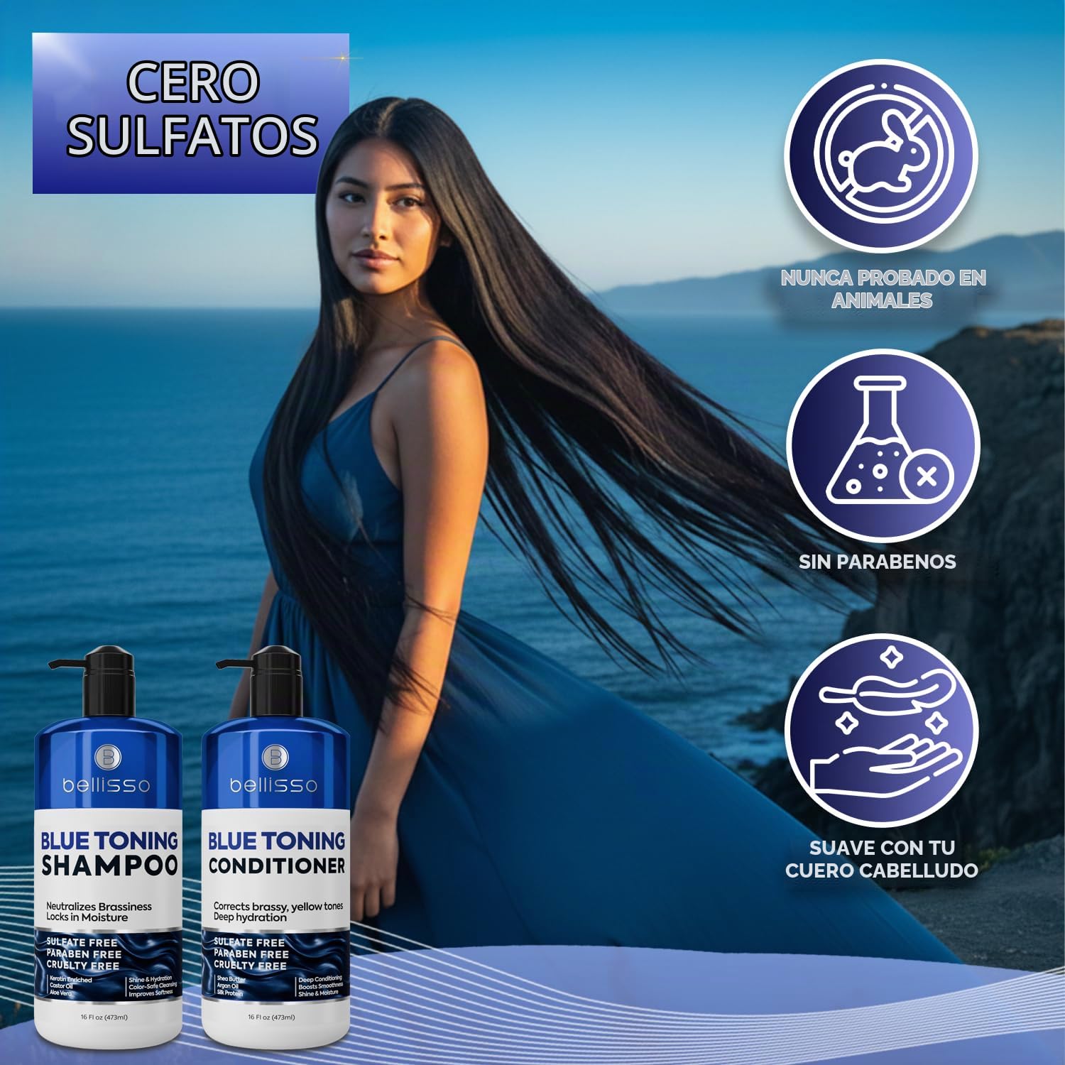 SET DE SHAMPOO Y ACONDICIONADOR AZUL BELLISSO NEUTRALIZADOR DE TONOS NARANJAS 16 FL OZ - 3