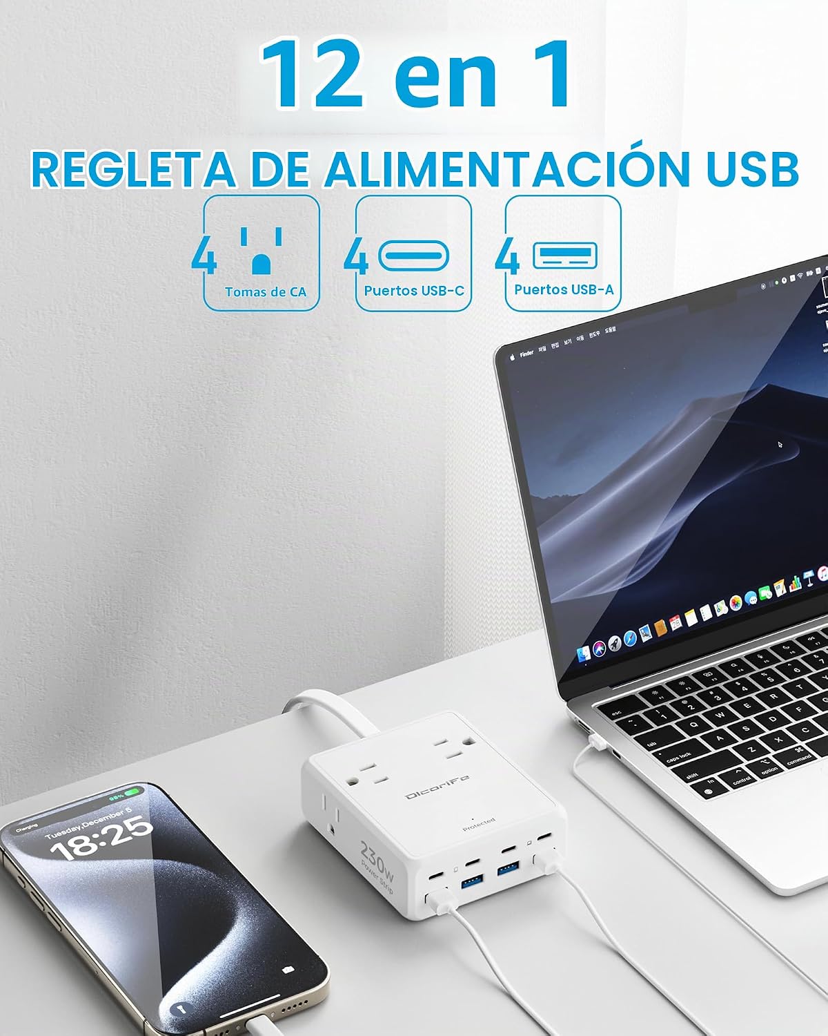 REGLETA DE CORRIENTE OLCORIFE 230W CON 4 TOMAS AC Y 8 PUERTOS USB, CABLE DE 5 PIES - 3