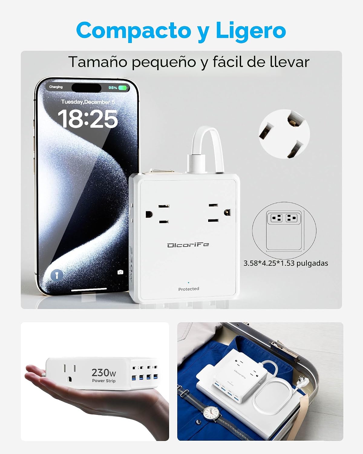 REGLETA DE CORRIENTE OLCORIFE 230W CON 4 TOMAS AC Y 8 PUERTOS USB, CABLE DE 5 PIES - 5