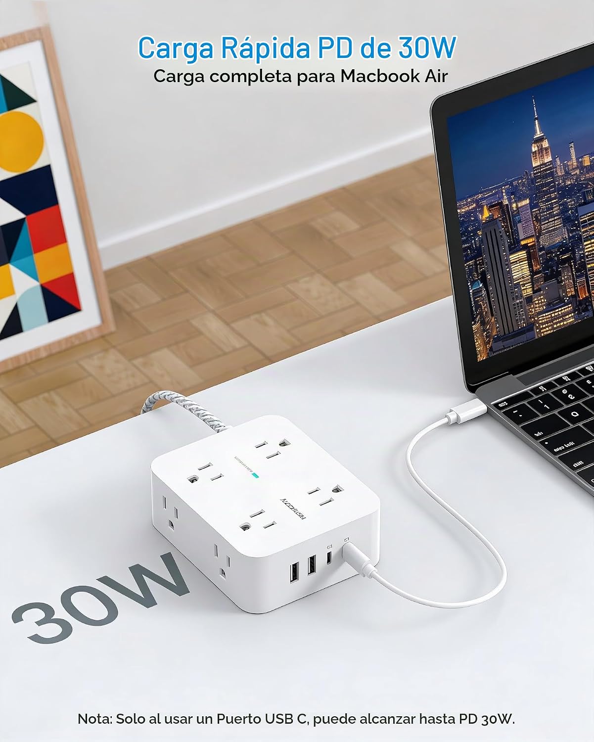 REGLETA DE EXTENSIÓN USB-C 30W CON PROTECCIÓN CONTRA SOBRETENSIONES 15 PIES - 3