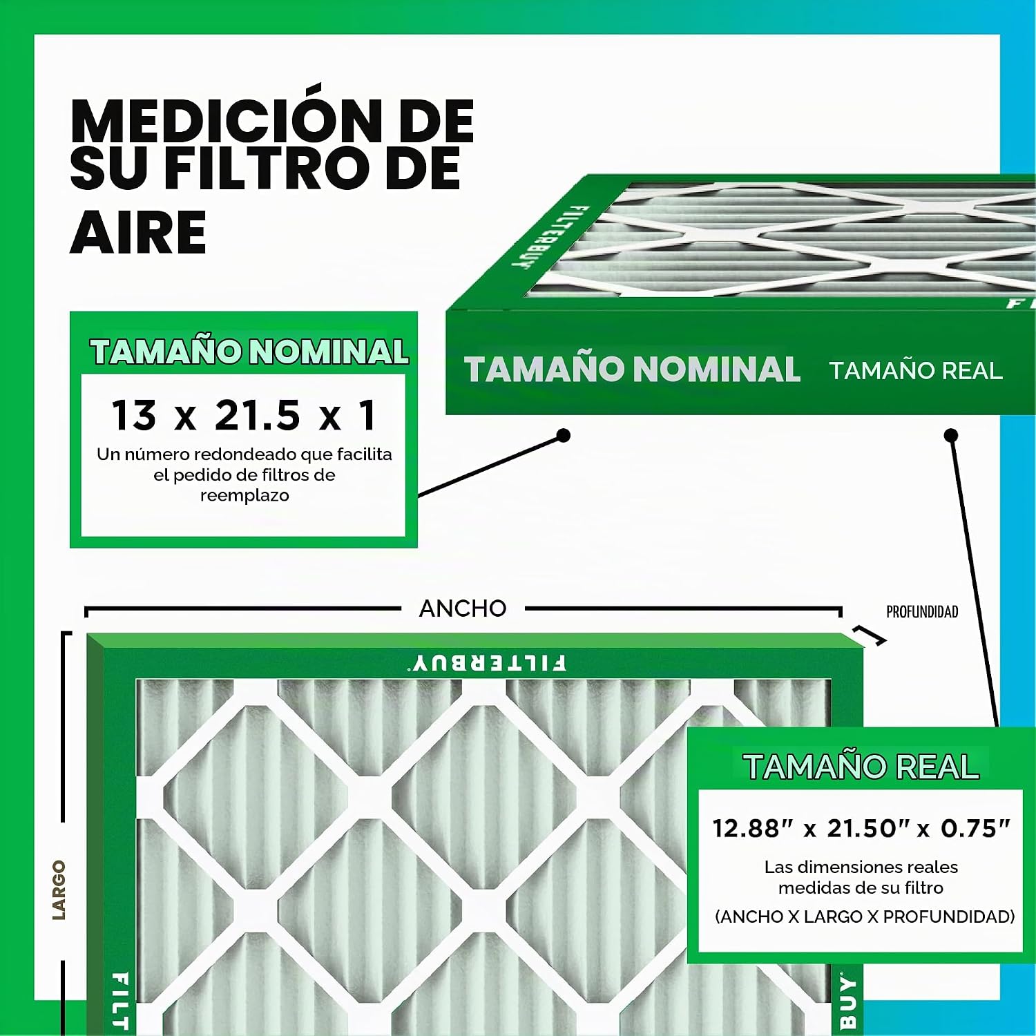 FILTRO DE AIRE 13X21.5X1 MERV 8 FILTERBUY PACK 4 UNIDADES - 2