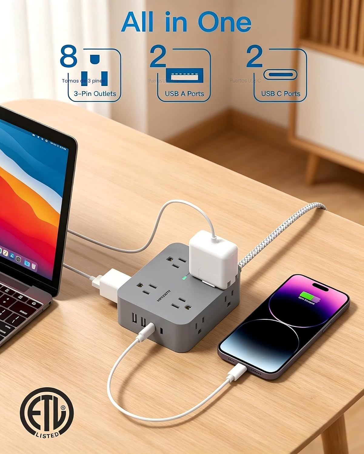 REGLETA DE PROTECCIÓN CONTRA SOBRETENSIONES HANYCONY CON 8 TOMAS Y 4 PUERTOS USB, CABLE DE 15 FT - 2