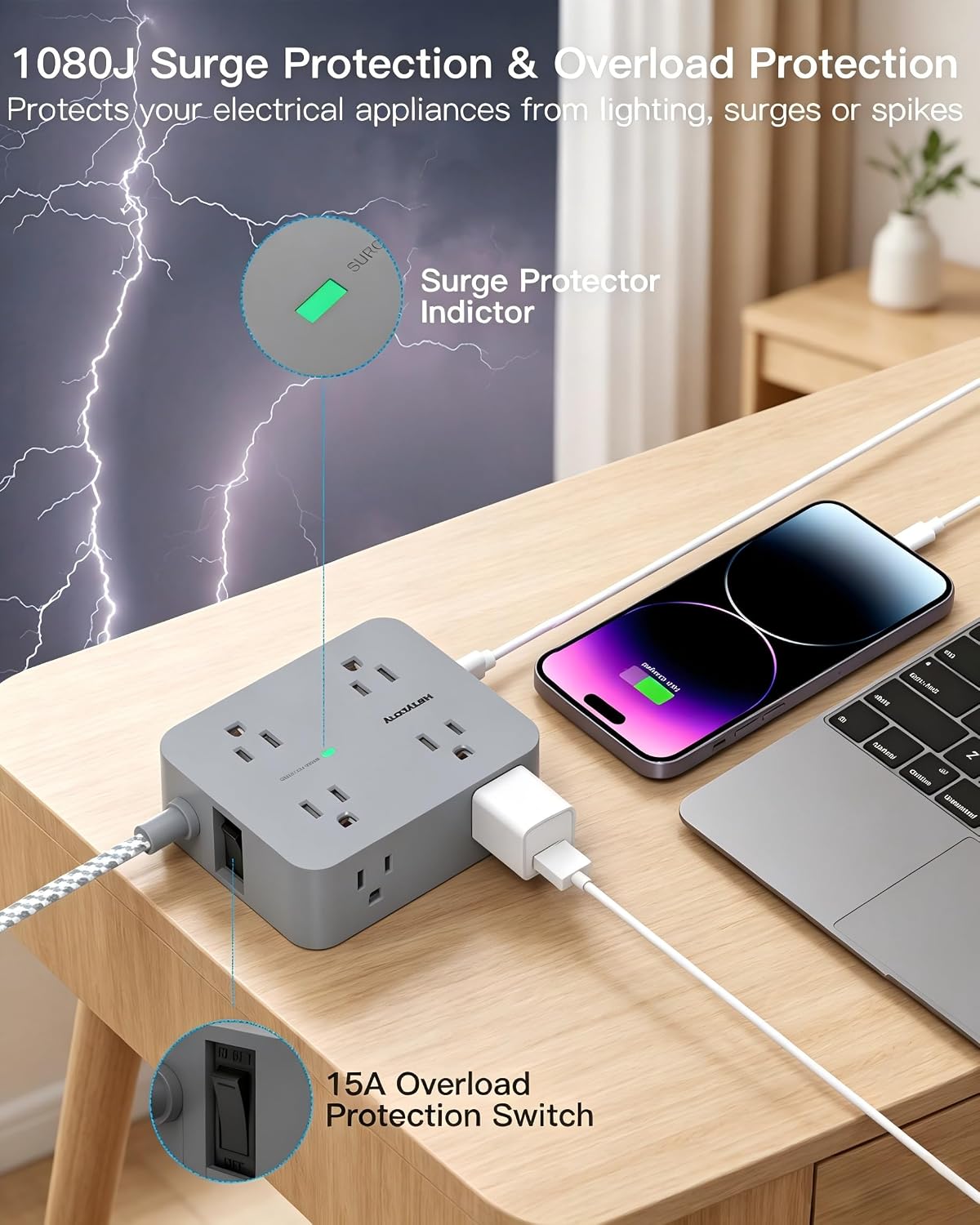 REGLETA DE PROTECCIÓN CONTRA SOBRETENSIONES HANYCONY CON 8 TOMAS Y 4 PUERTOS USB, CABLE DE 15 FT - 3