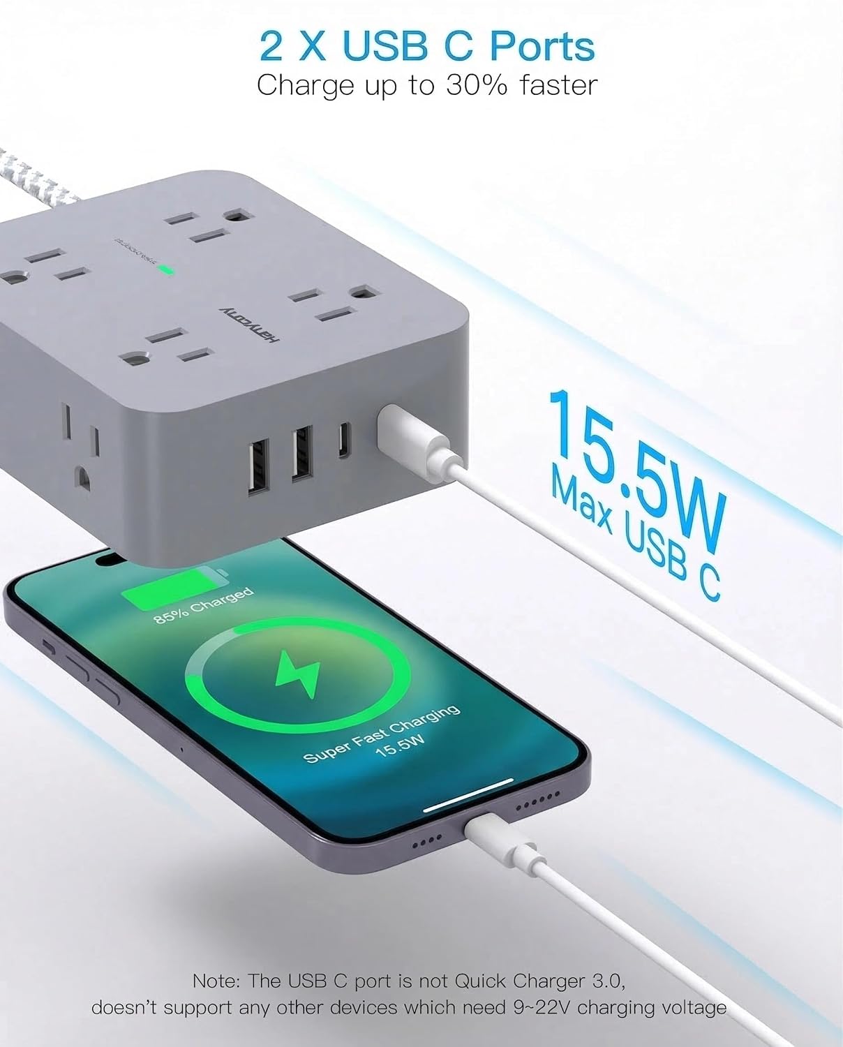 REGLETA DE PROTECCIÓN CONTRA SOBRETENSIONES HANYCONY CON 8 TOMAS Y 4 PUERTOS USB, CABLE DE 15 FT - 4