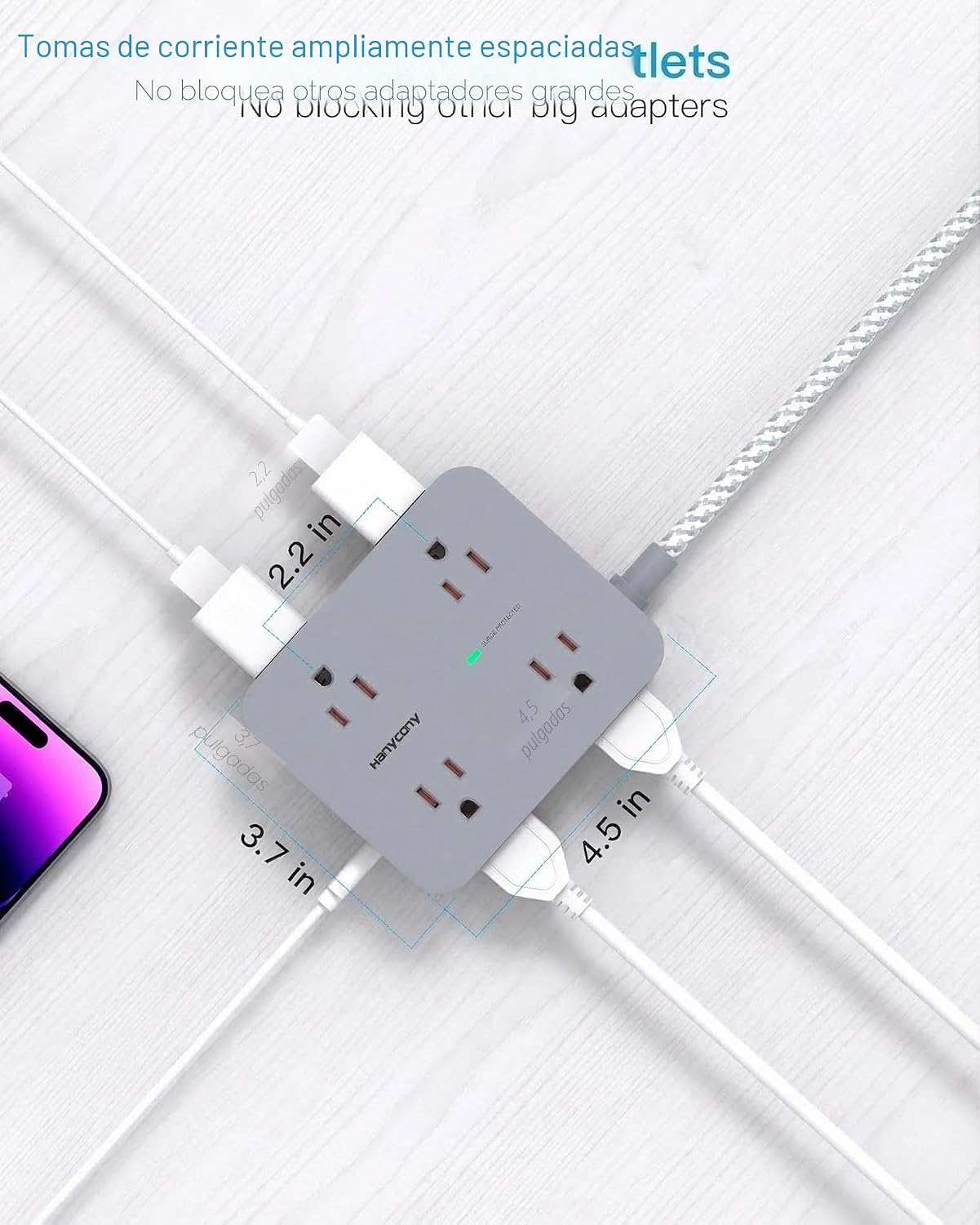 REGLETA DE PROTECCIÓN CONTRA SOBRETENSIONES HANYCONY CON 8 TOMAS Y 4 PUERTOS USB, CABLE DE 15 FT - 5