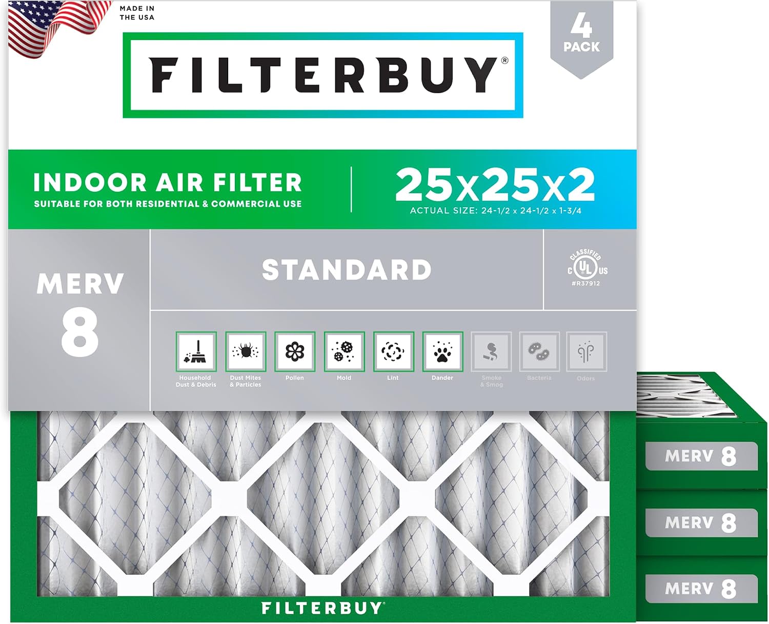 FILTRO DE AIRE FILTERBUY 25X25X2 MERV 8 PACK 4 UNIDADES - 1