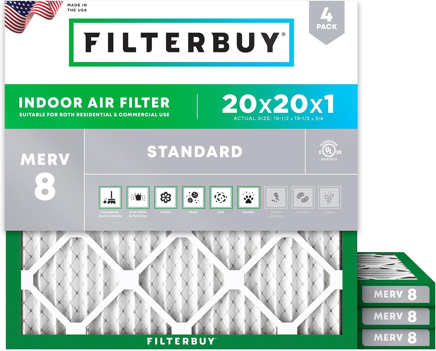 FILTRO DE AIRE 20X20X1 MERV 8 FILTERBUY PACK 4 UNIDADES - 1