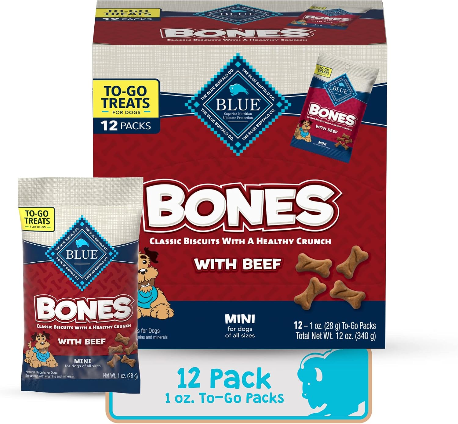 GALLETAS BLUE BUFFALO BONES NATURAL CRUNCHY PARA PERROS MINI SABOR CARNE DE RES PACK 12 BOLSAS 1OZ - 1