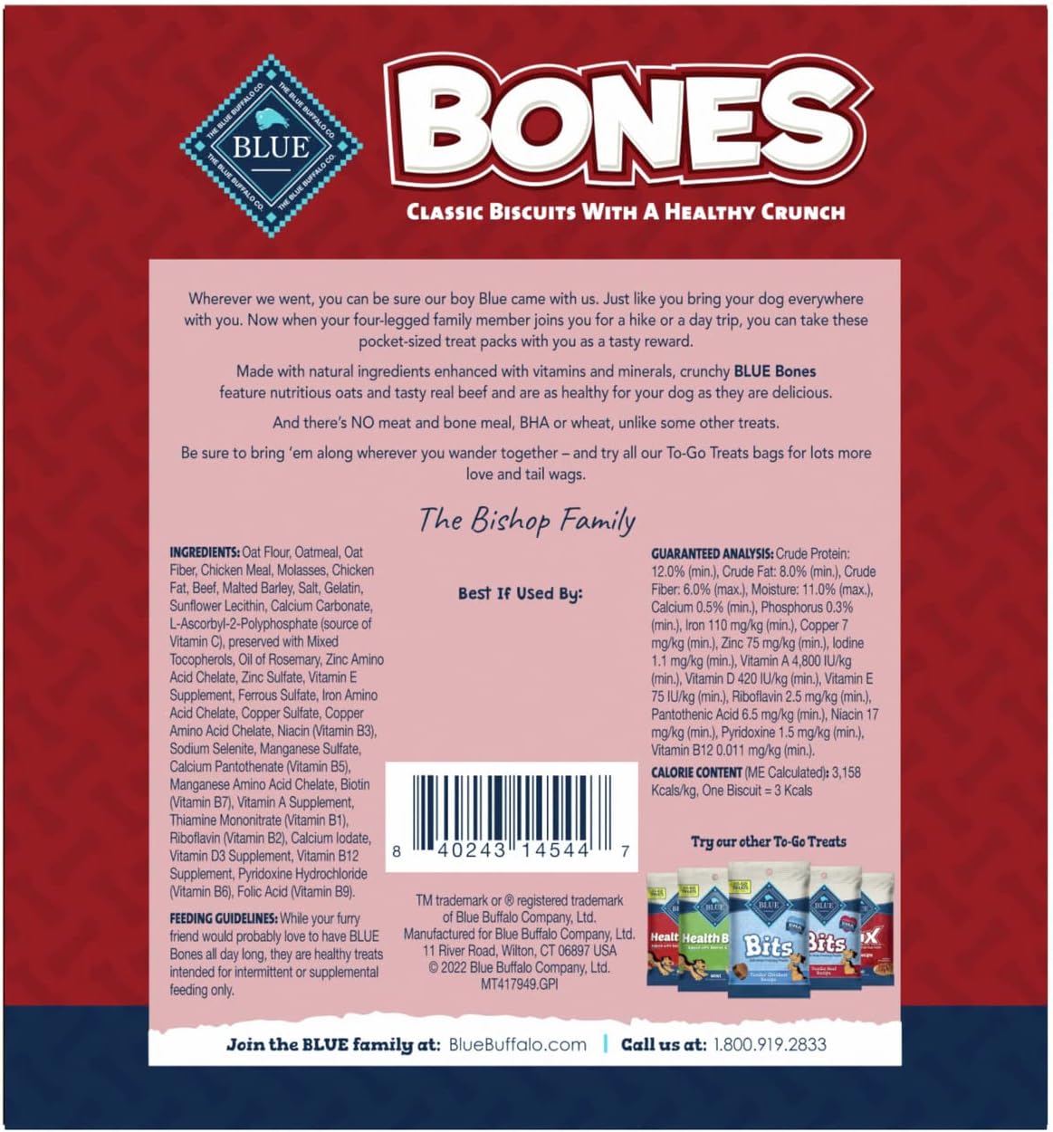 GALLETAS BLUE BUFFALO BONES NATURAL CRUNCHY PARA PERROS MINI SABOR CARNE DE RES PACK 12 BOLSAS 1OZ - 2