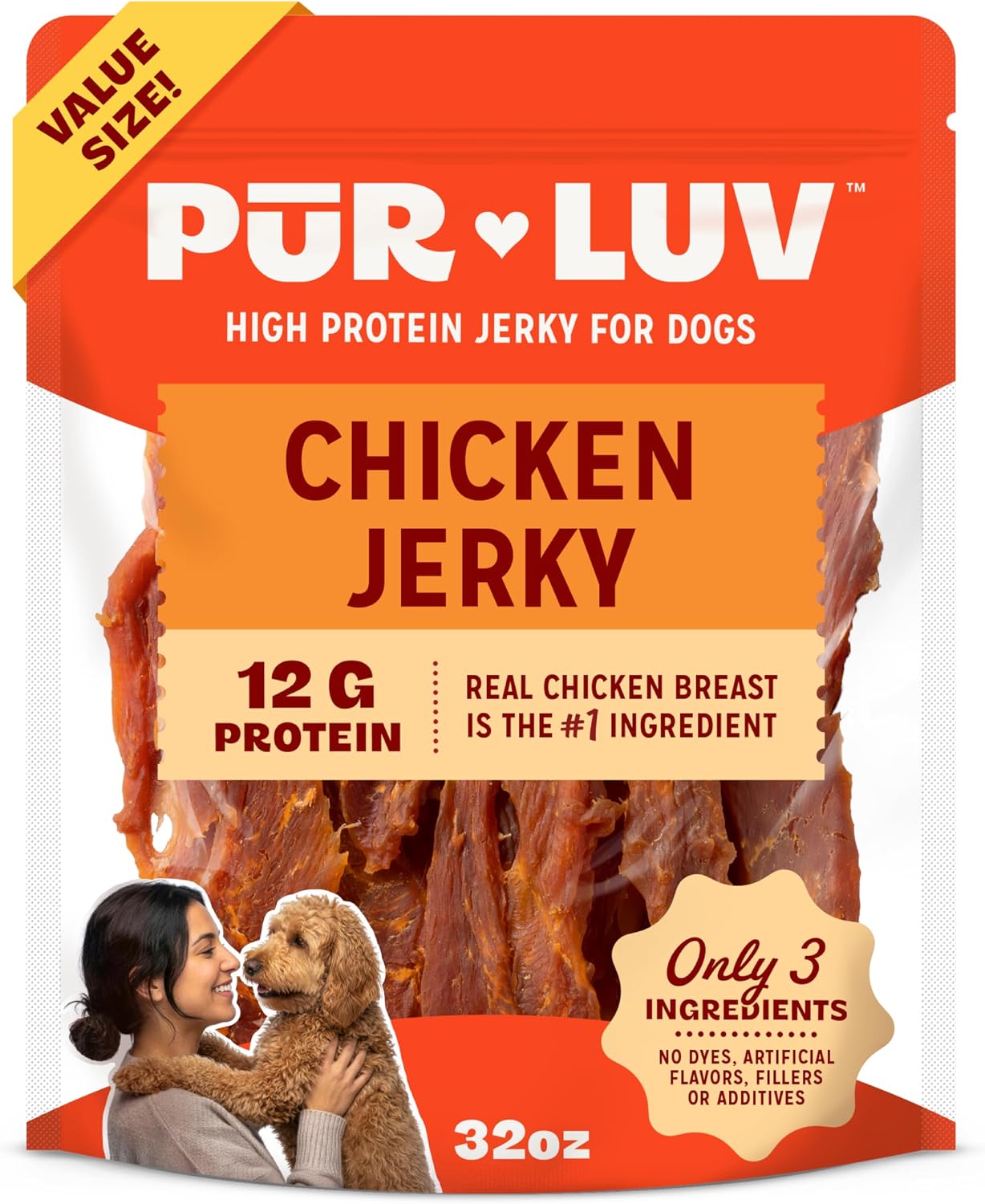SNACK PUR LUV CHICKEN JERKY PARA PERROS, PECHUGA DE POLLO 100%, 32 OZ - 1