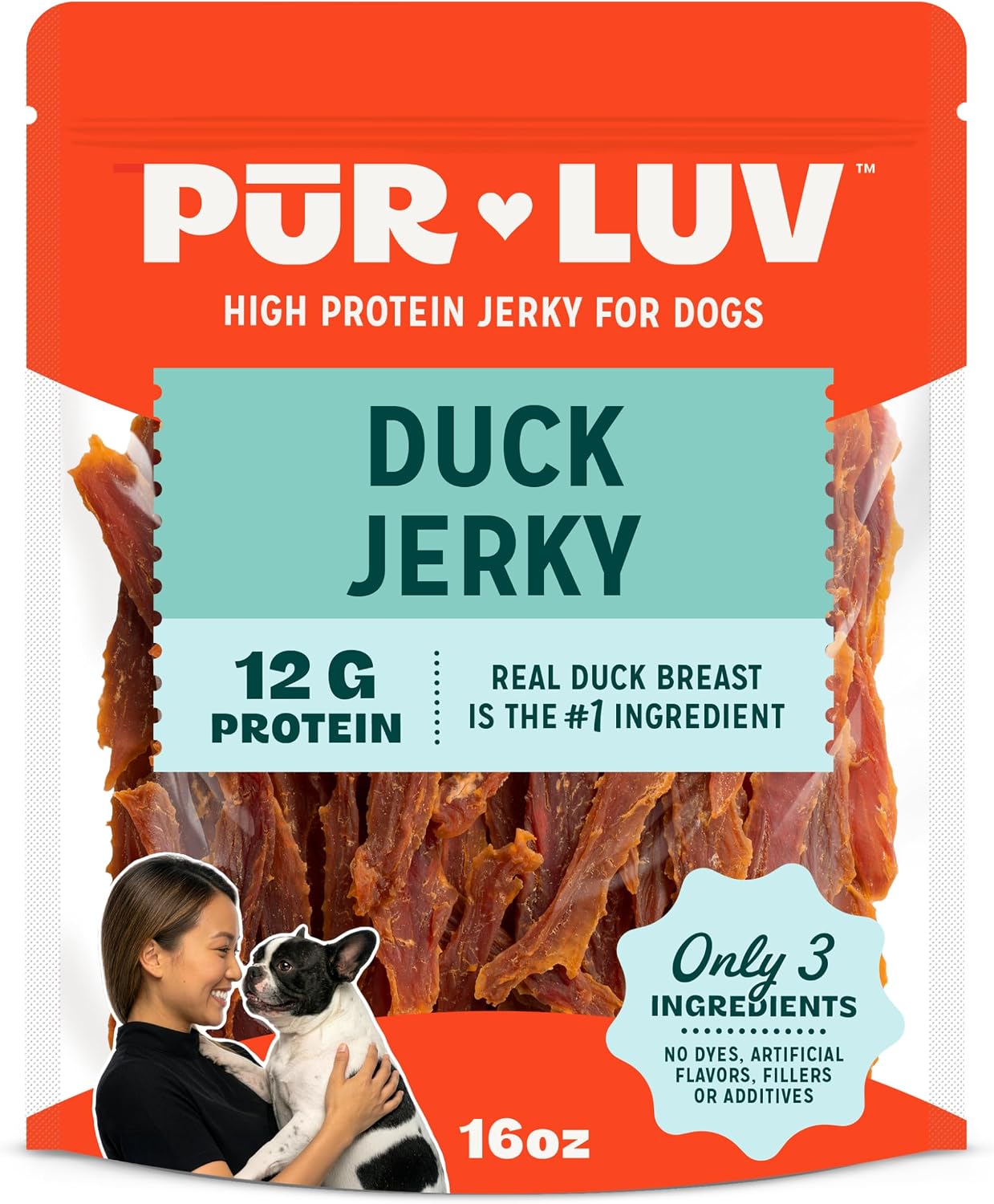 SNACK PUR LUV DUCK JERKY PARA PERROS, SUAVE Y MASTICABLE, 16OZ - 1
