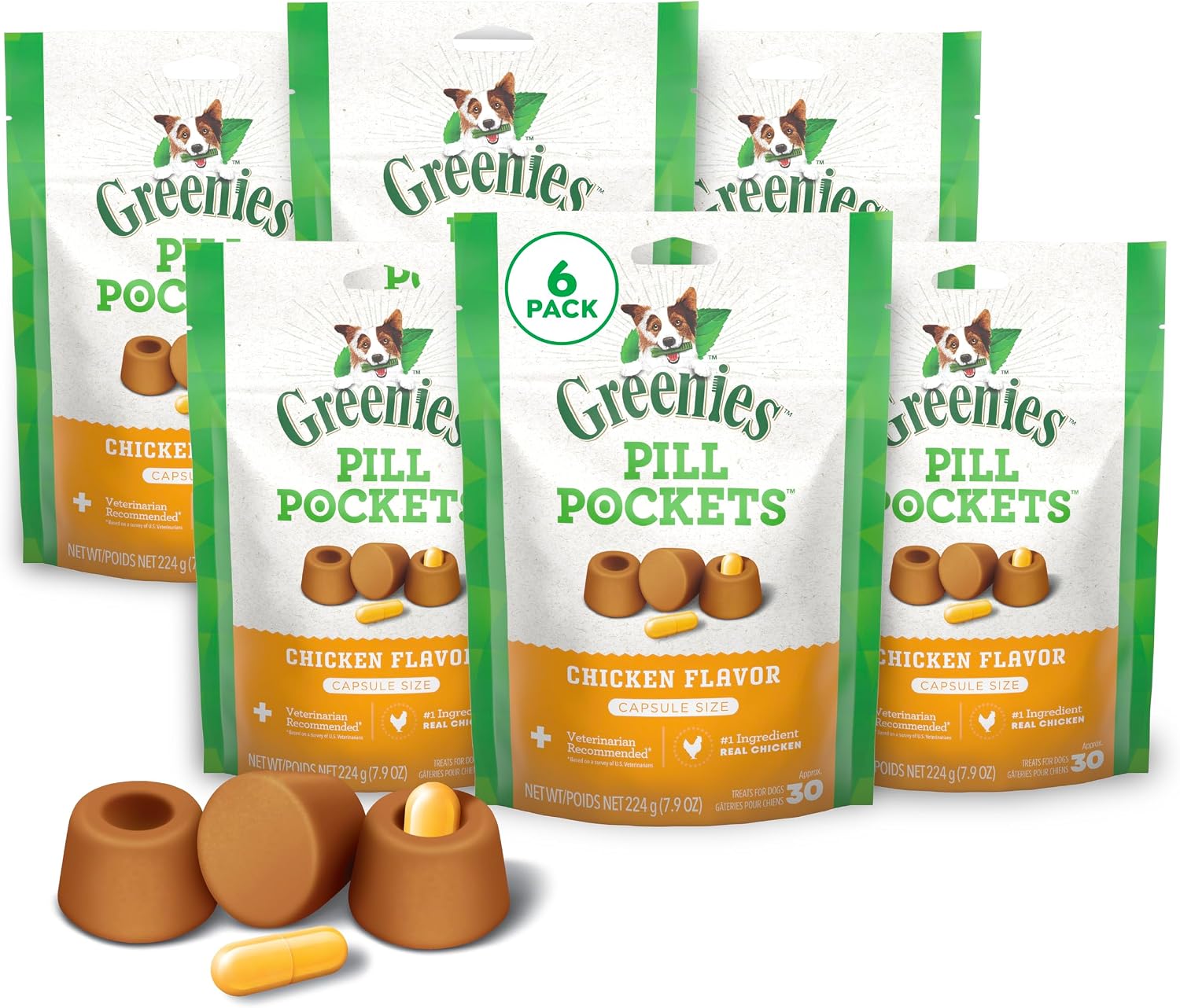 GREENIES PILL POCKETS PERROS TAMAÑO GRANDE SABOR POLLO 7.9 OZ PACK 6 - 1