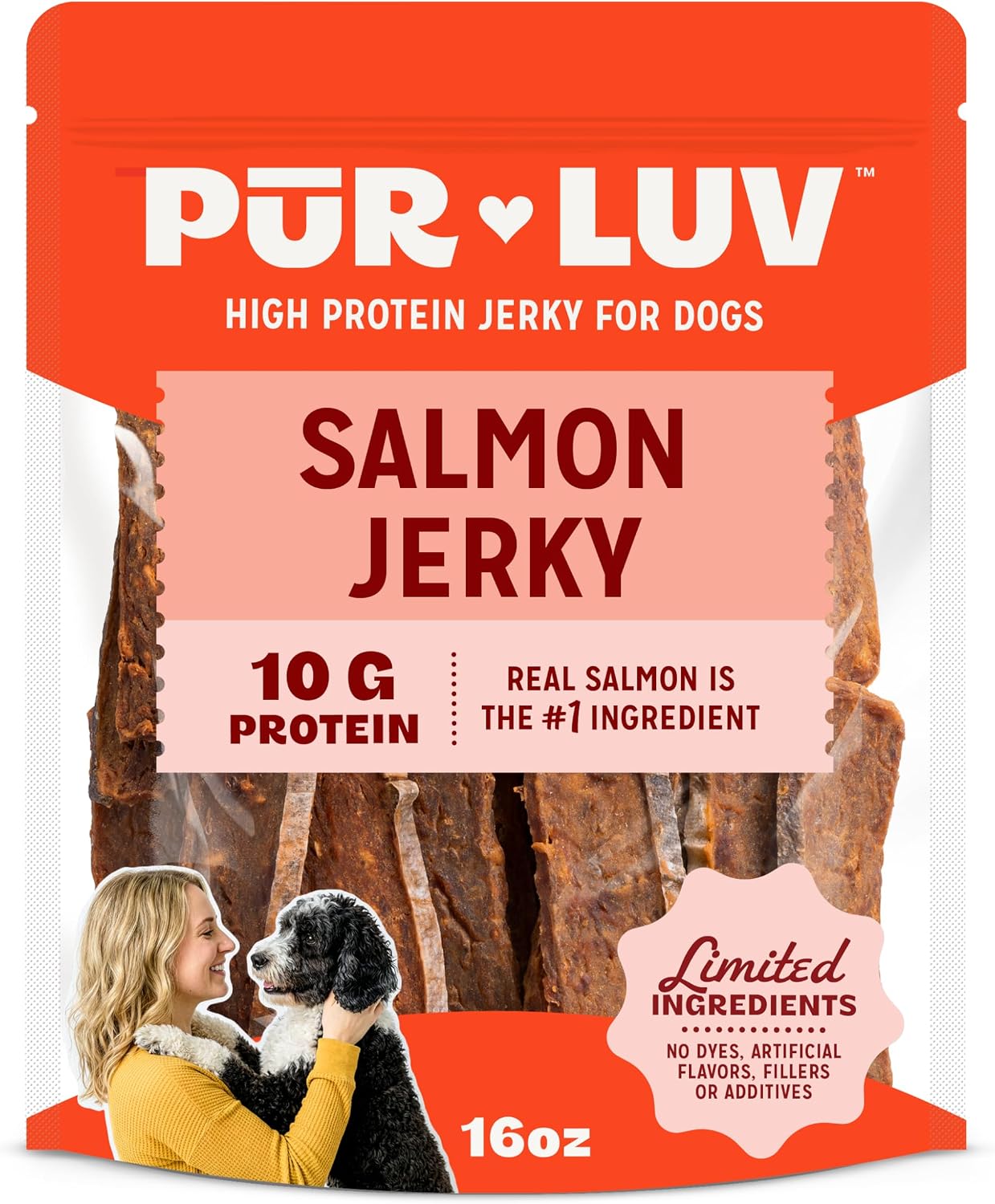 SNACK PUR LUV SALMON JERKY PARA PERROS, SUAVE Y MASTICABLE, 10G DE PROTEÍNA - 1