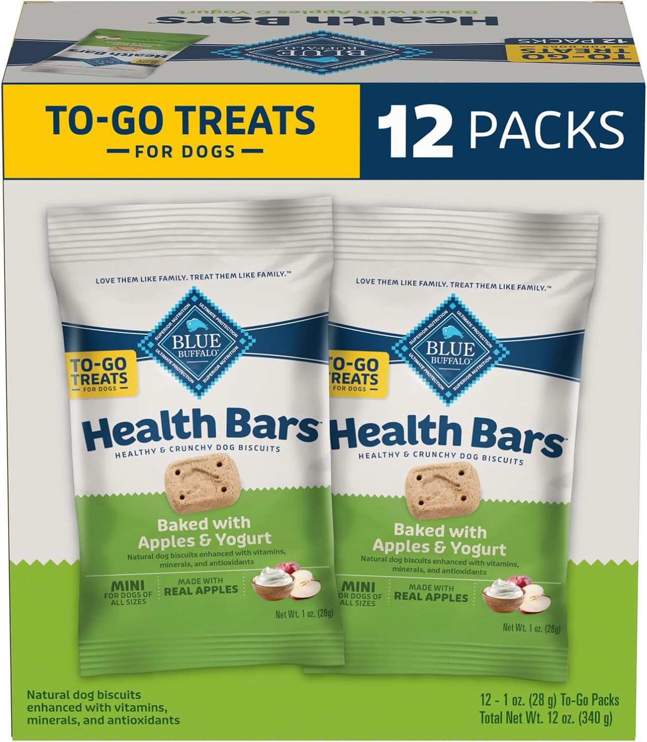 GALLETAS BLUE BUFFALO HEALTH BARS MINI MANZANA Y YOGUR PARA PERROS 12 BOLSAS DE 1 OZ - 1