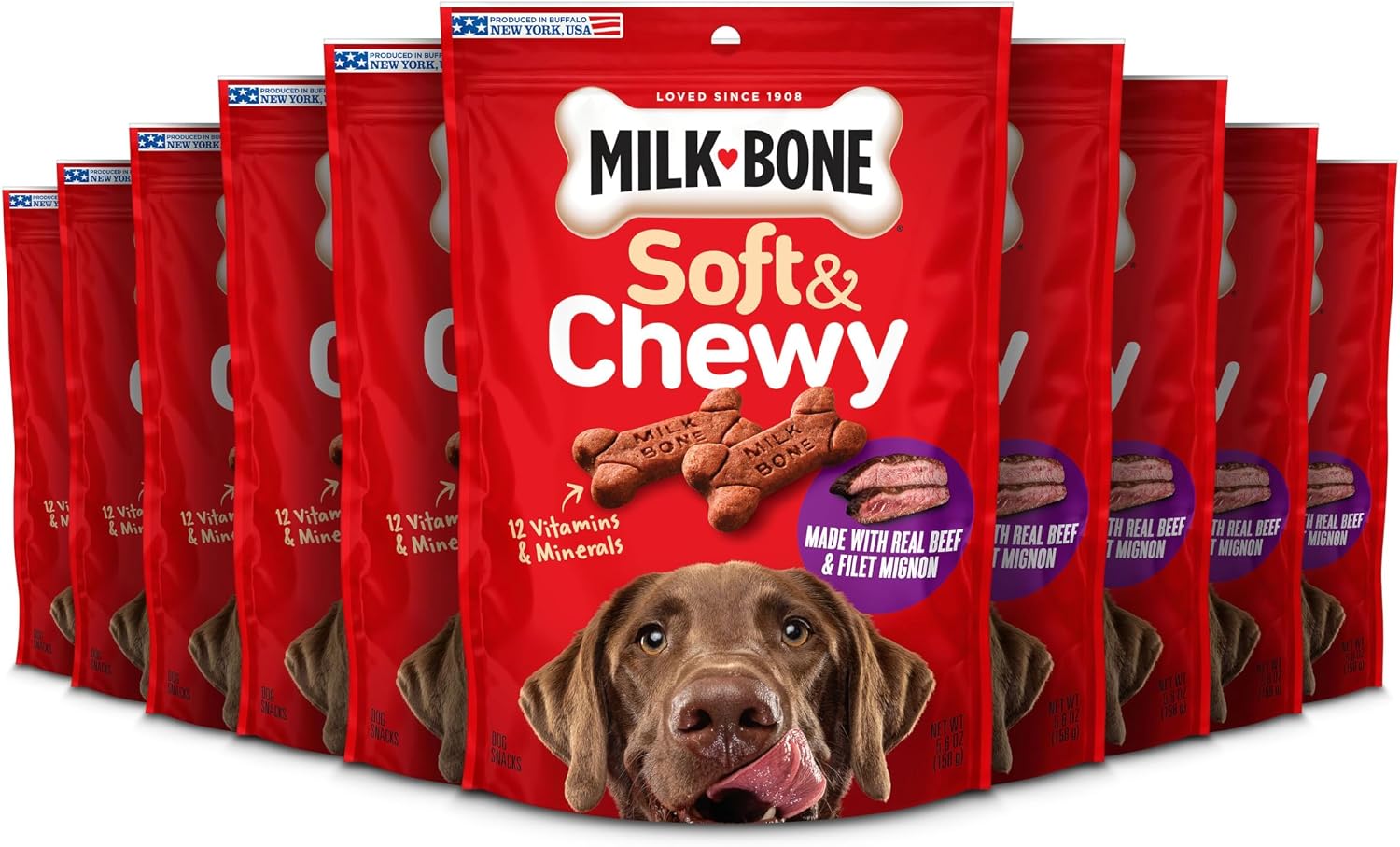 MILK-BONE SOFT Y CHEWY PREMIOS PARA PERROS CON CARNE DE RES Y FILETE MIGNON, 10 BOLSAS - 1