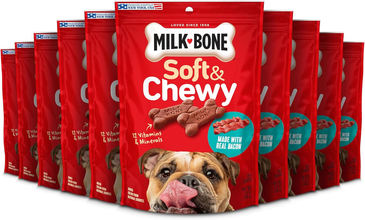 MILK-BONE SOFT Y CHEWY DOG TREATS CON BACON REAL, 10 POUCHES - 1