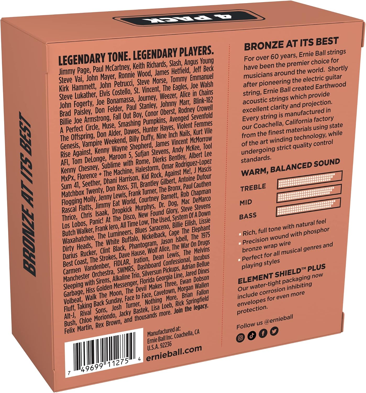 JUEGO DE CUERDAS ERNIE BALL EARTHWOOD MEDIUM LIGHT PHOSPHOR BRONZE PARA GUITARRA ACÚSTICA 4 PACKS CALIBRE 12-54 - 2
