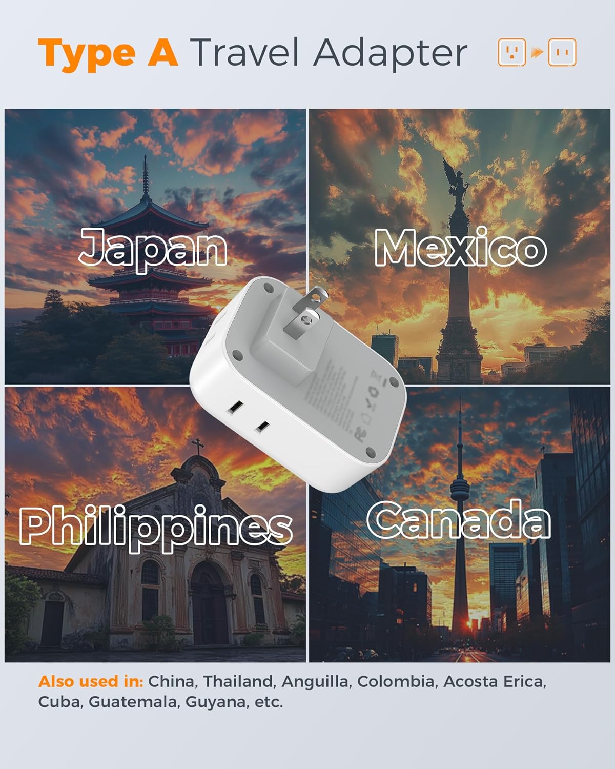 ADAPTADOR DE ENCHUFE TESSAN TIPO A DE 2 A 3 PINES PARA JAPÓN, PACK DE 2 UNIDADES - 2